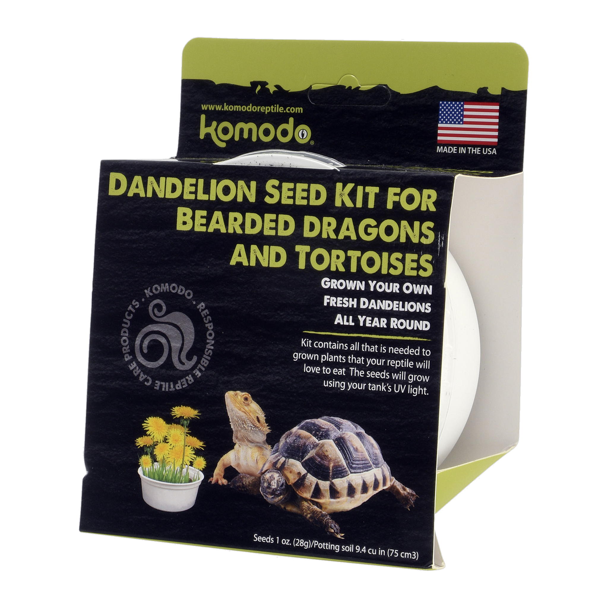 Angled view of the Komodo dandelion seed kit showing the growing container inside the box