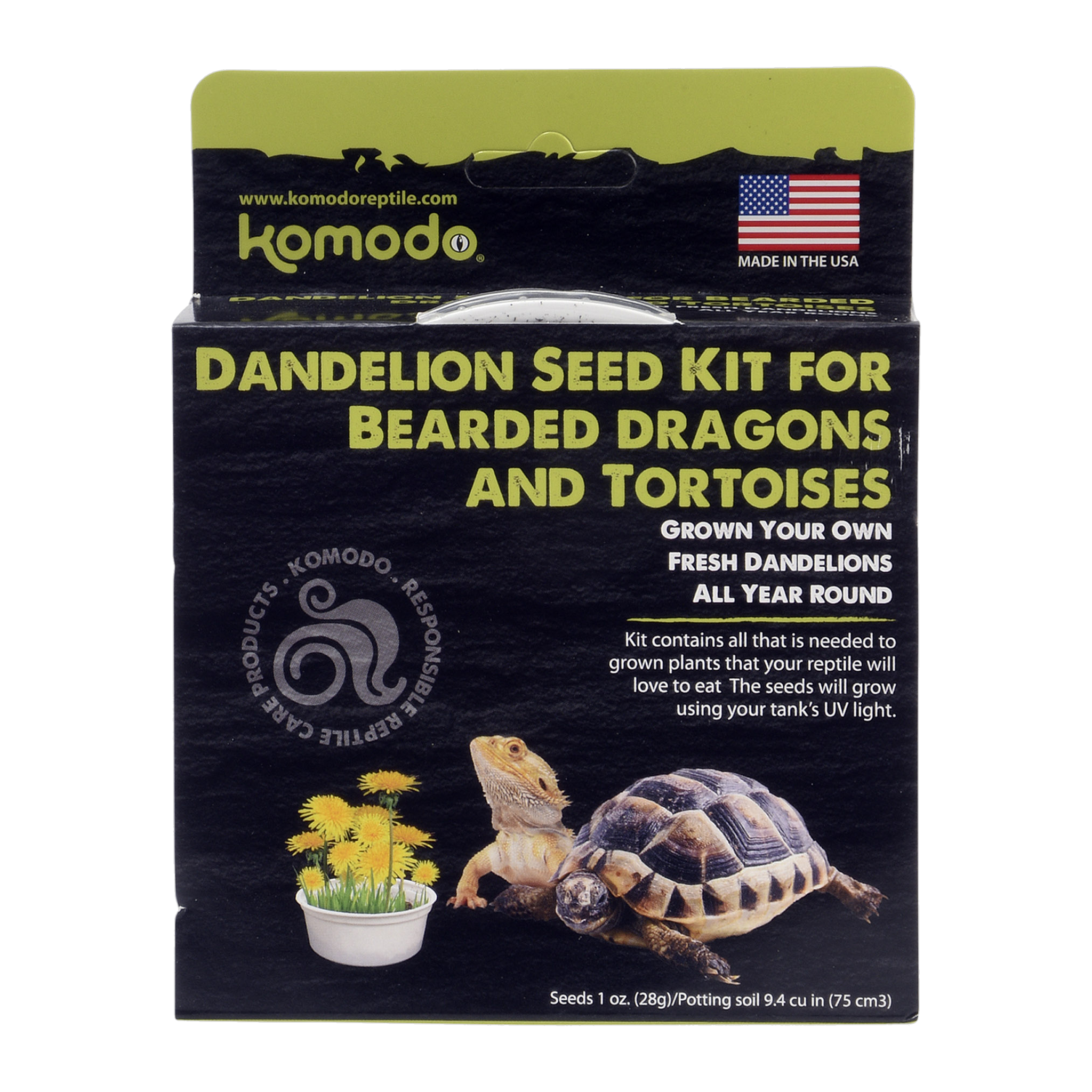 Komodo Grow Your Own Dandelion seed kit box front for bearded dragons and tortoises