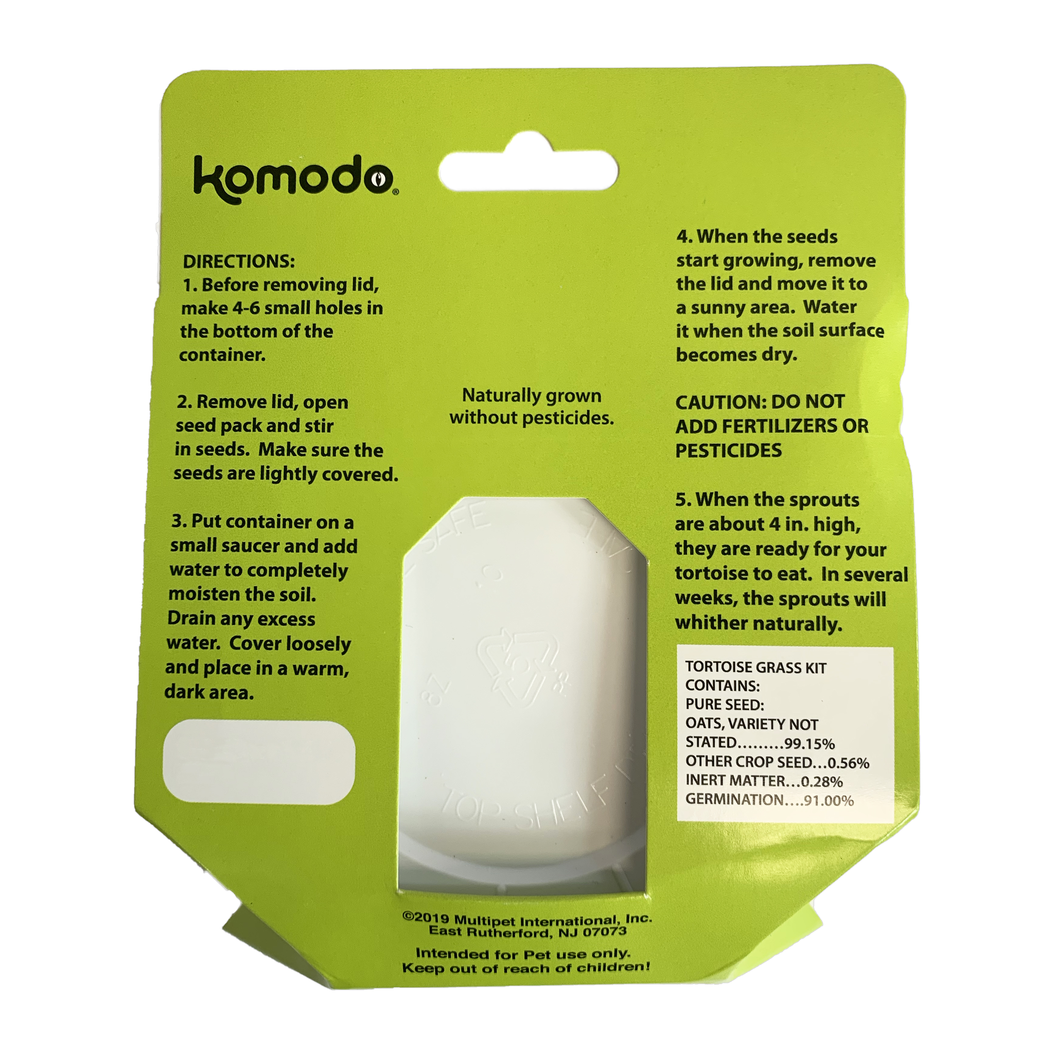 Back of the Komodo tortoise grass seed kit with planting directions and seed analysis