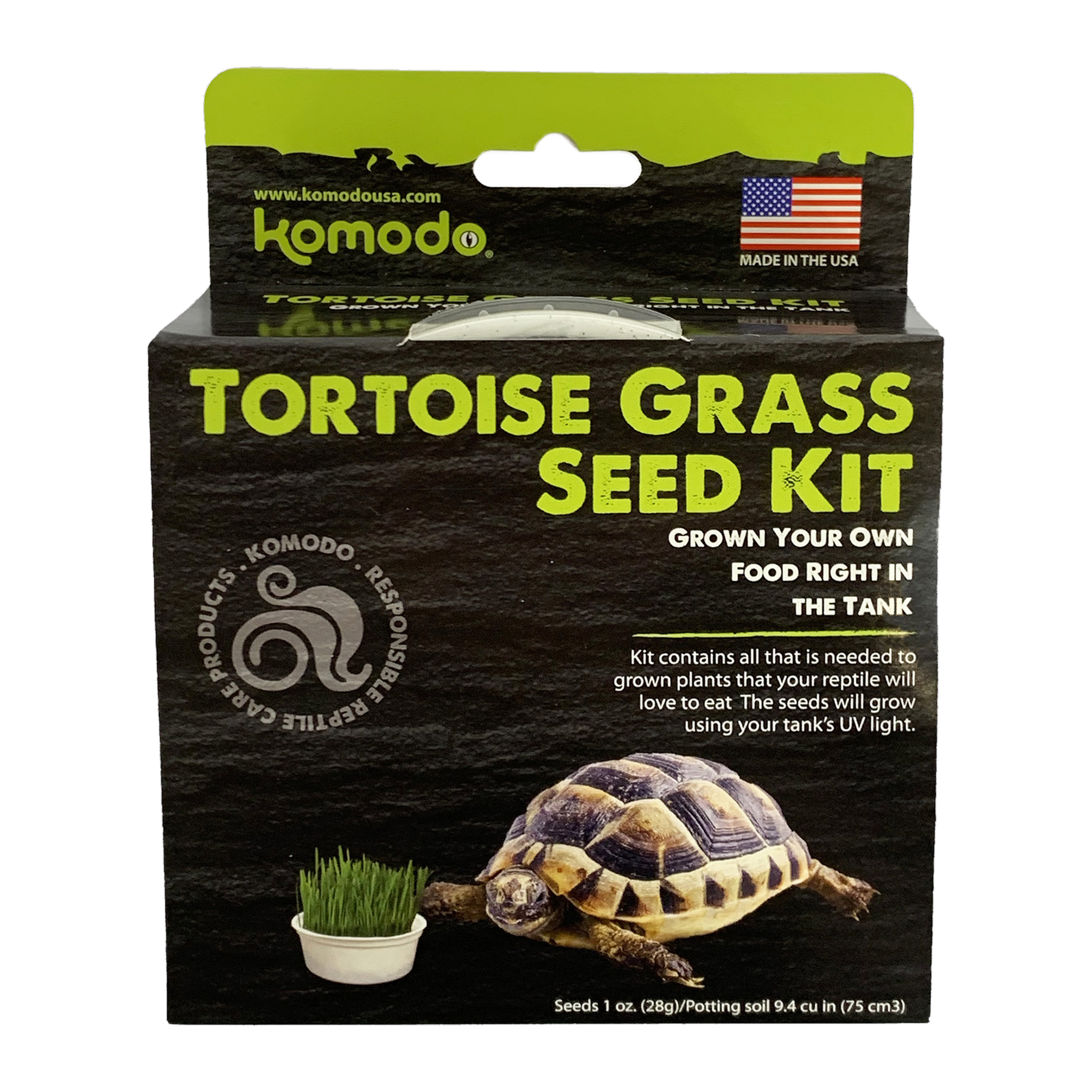 Komodo Grow Your Own Tortoise Grass seed kit box front with tortoise and grass pot artwork