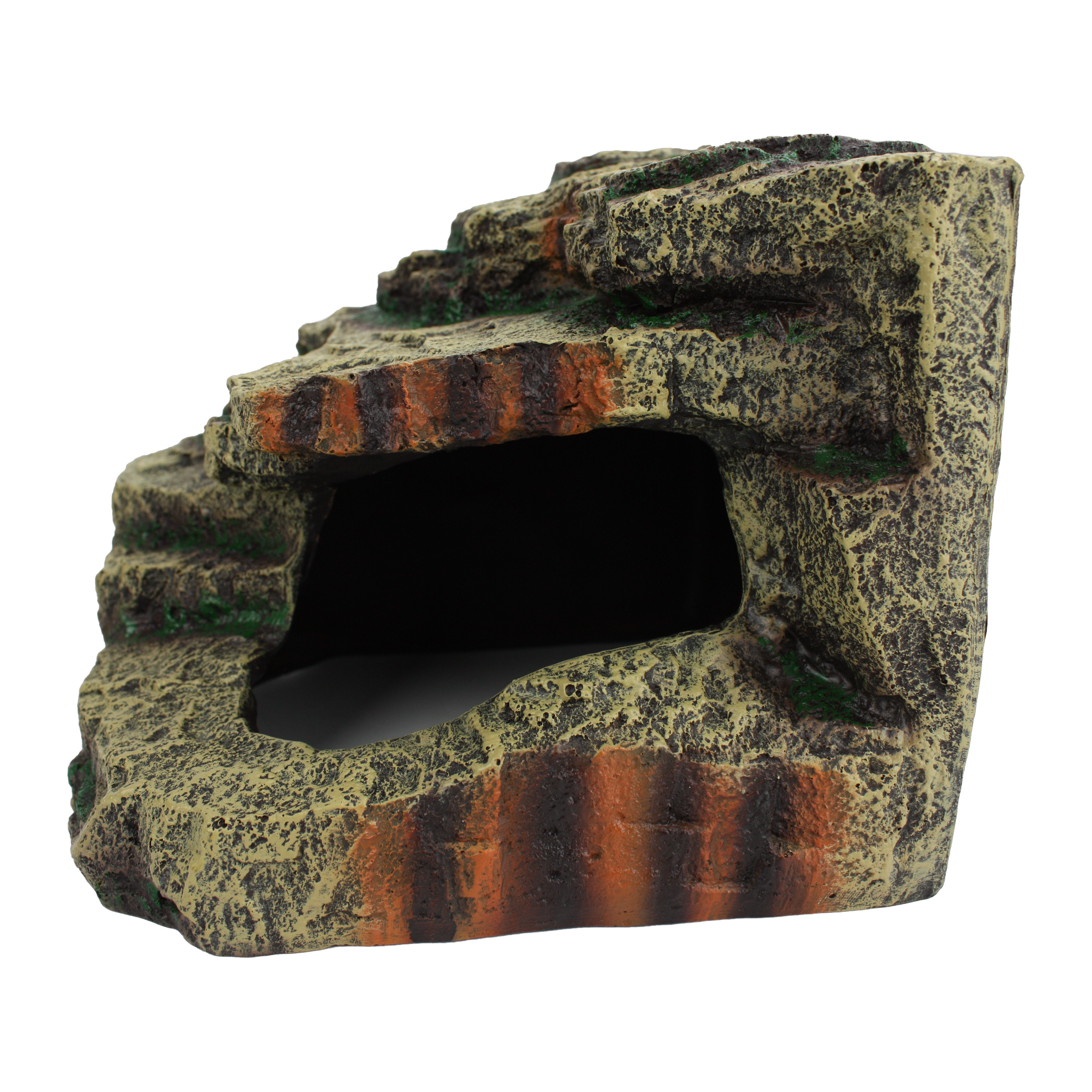 Komodo Resin Corner Hut Hideaway front view -- layered rock-look reptile hide with arched entrance