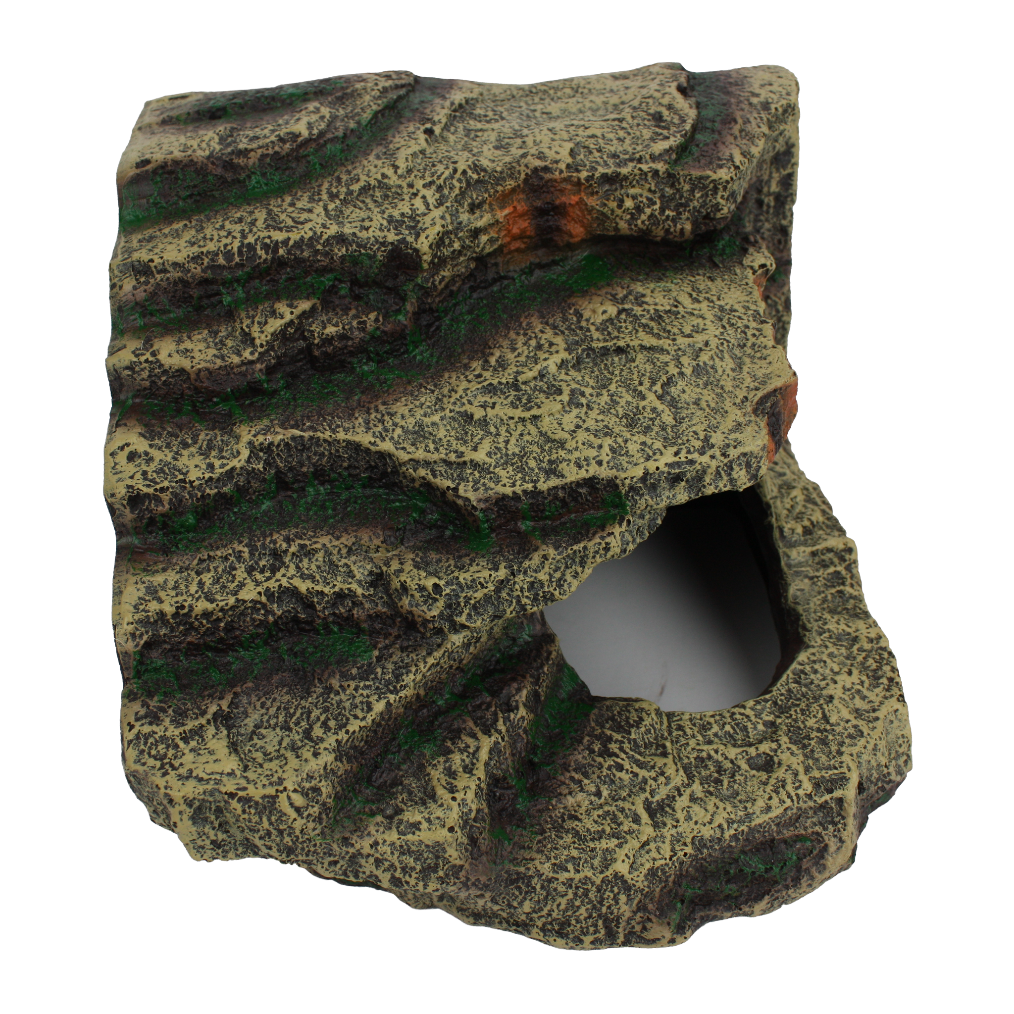 Komodo Resin Corner Hut Hideaway side view showing the flat rear faces that fit a terrarium corner