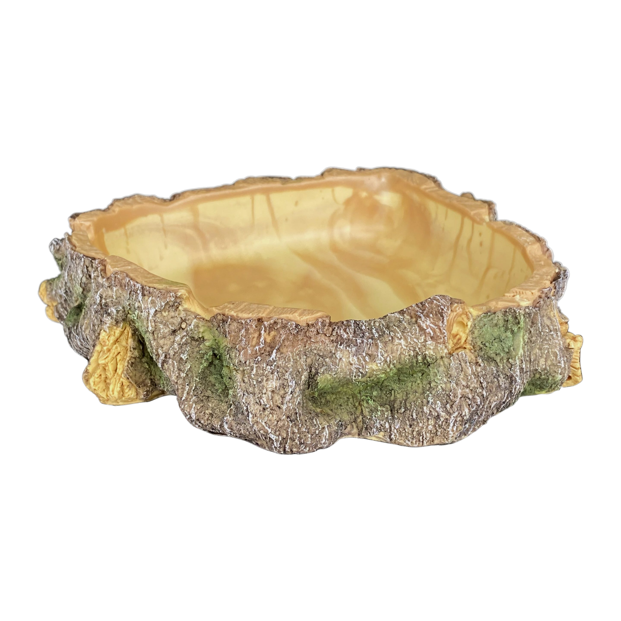 Komodo Wood Corner Bowl three-quarter view showing the hollowed log shape and moss detailing