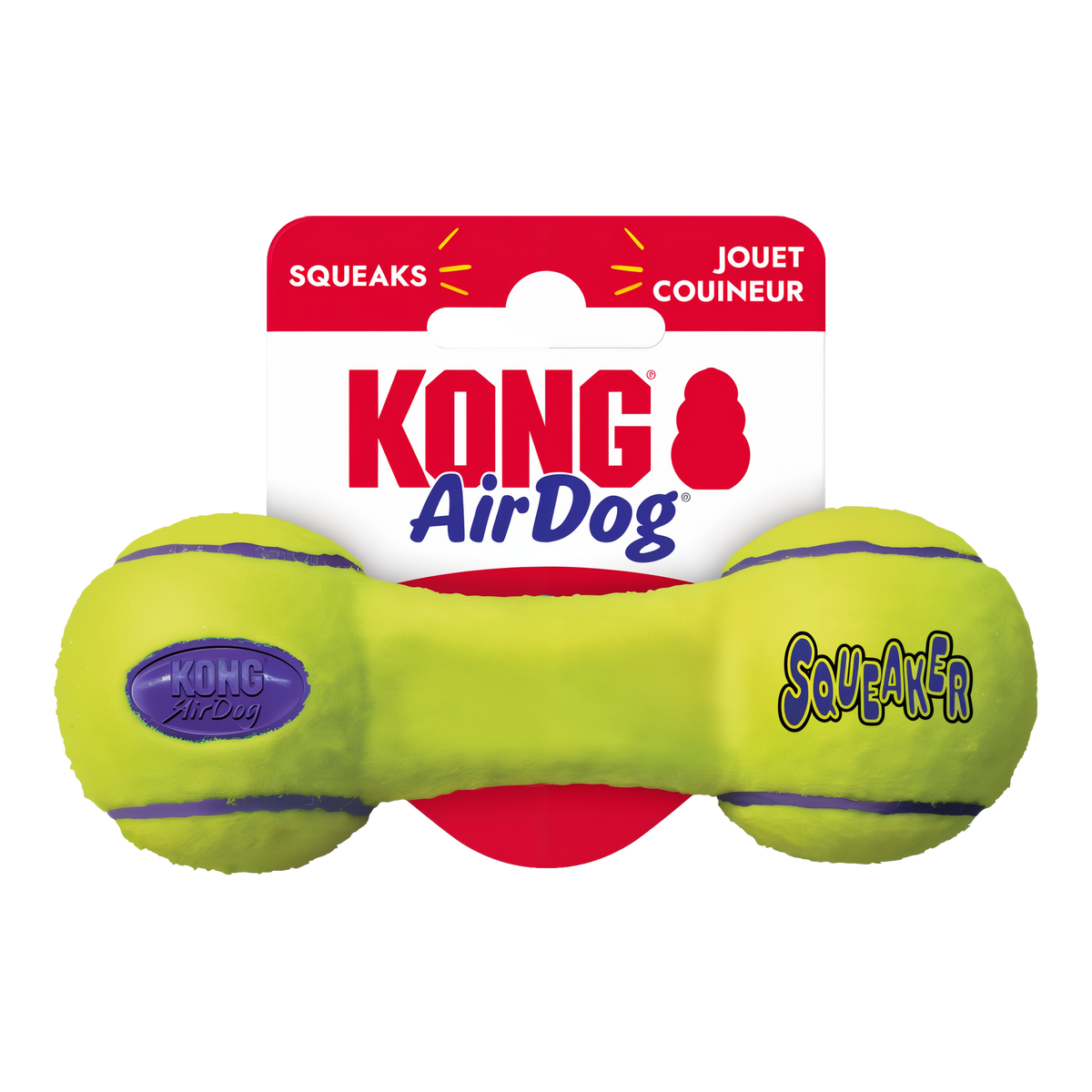 KONG AirDog Squeaker Dumbbell Small on its retail hang tag