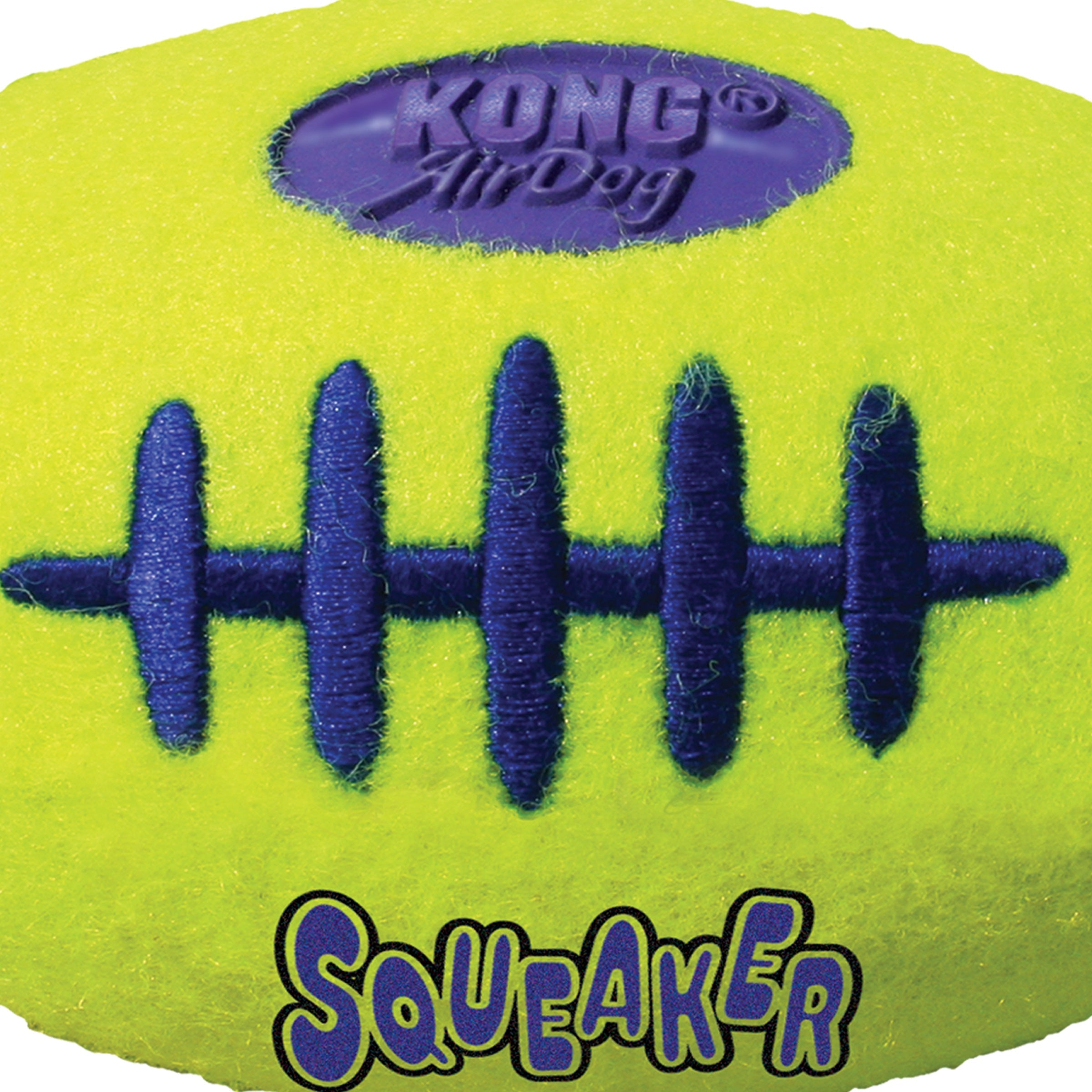 Close-up of KONG AirDog Squeaker Football embroidered laces and tennis felt