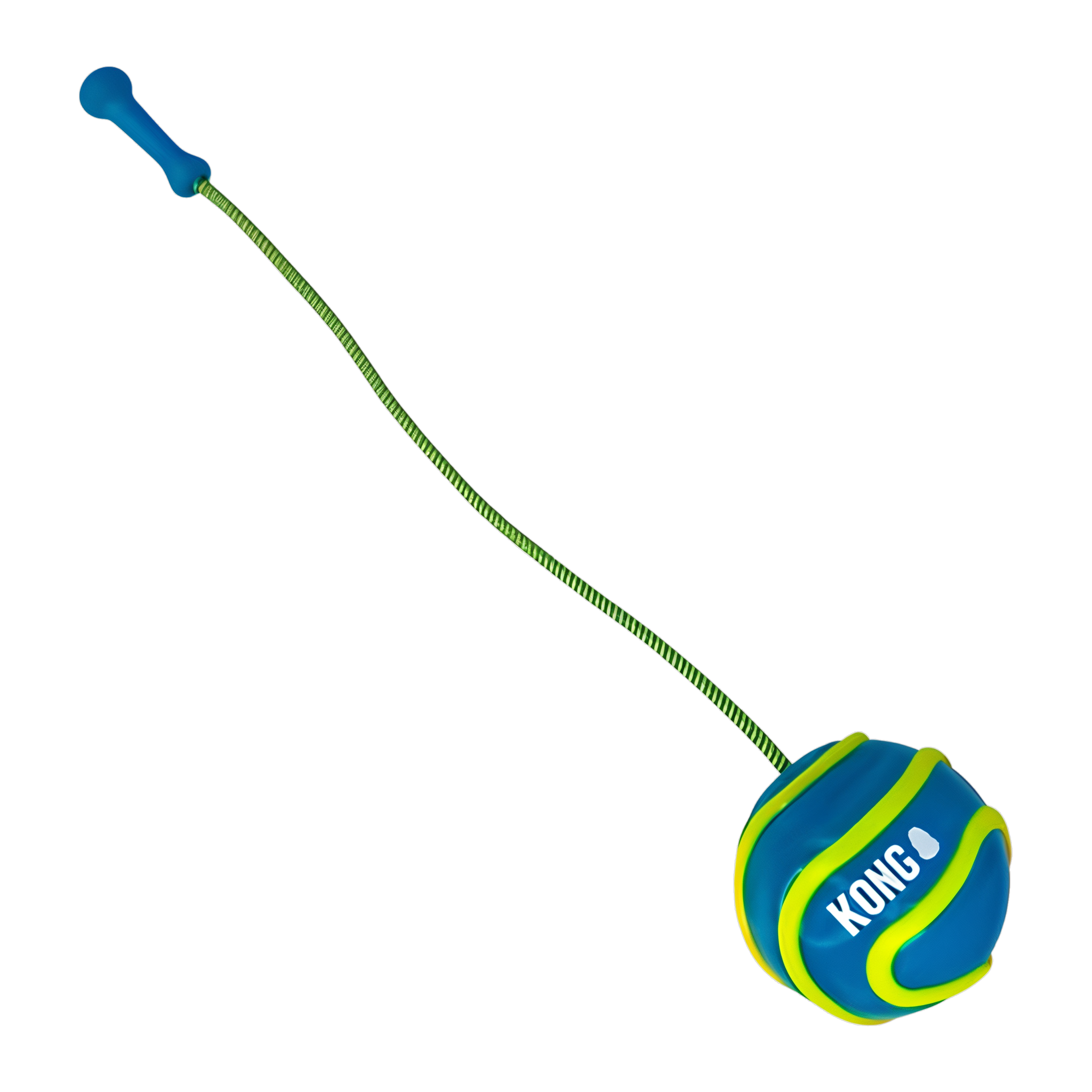 KONG Bunji High-Viz Ball blue colorway with bungee cord extended