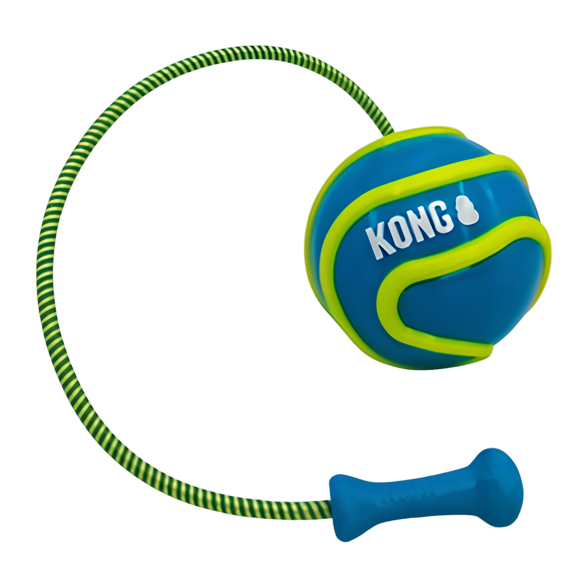 KONG Bunji High-Viz Ball dog toy, blue with glow green bungee handle #MEDIUM