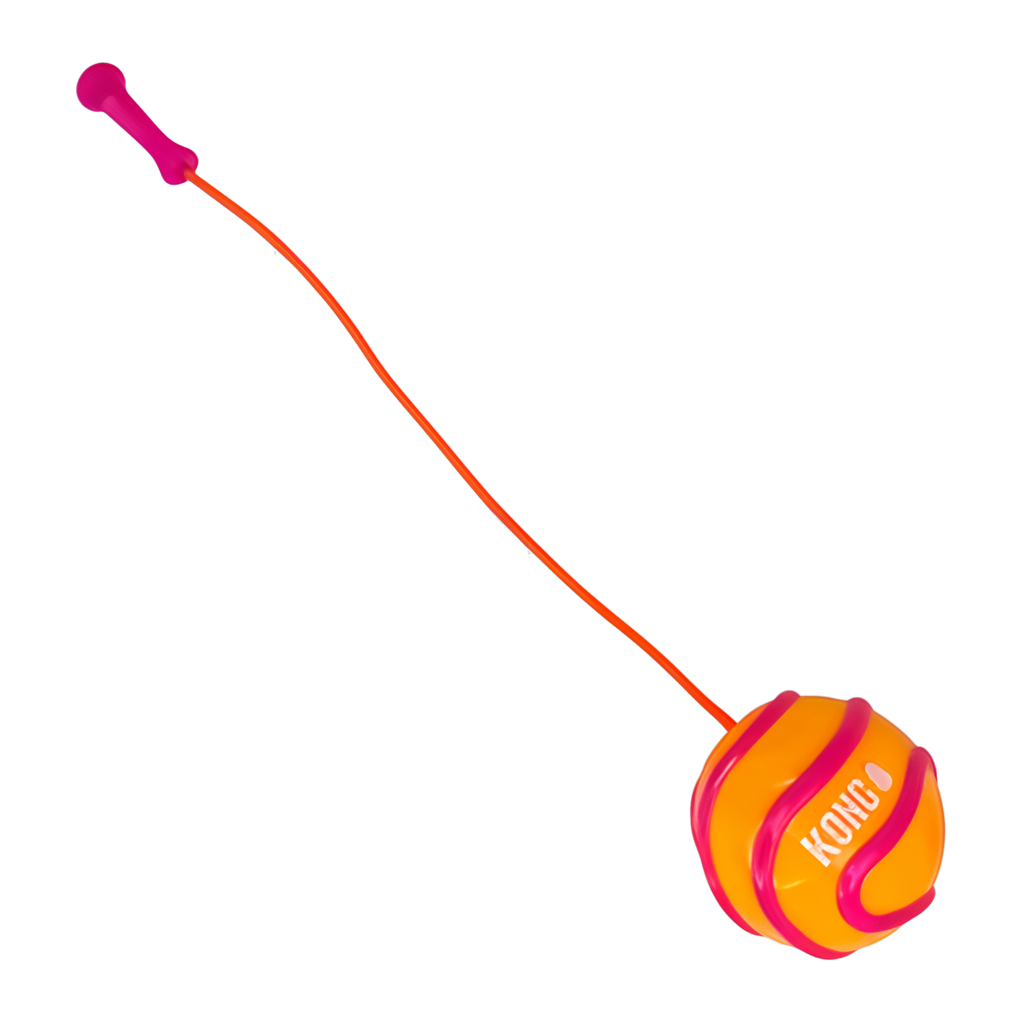 KONG Bunji High-Viz Ball orange colorway with bungee cord extended