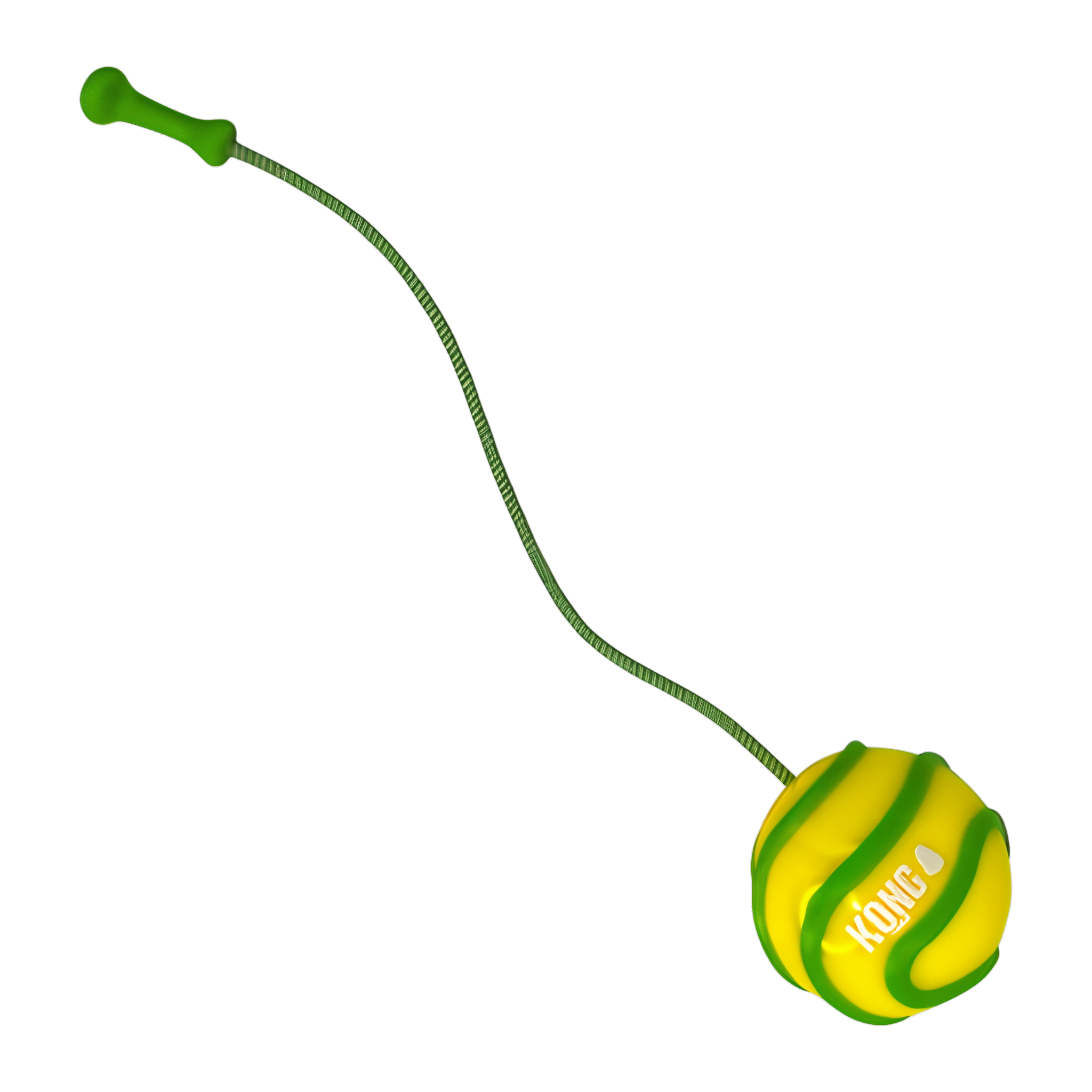 KONG Bunji High-Viz Ball yellow colorway with bungee cord extended