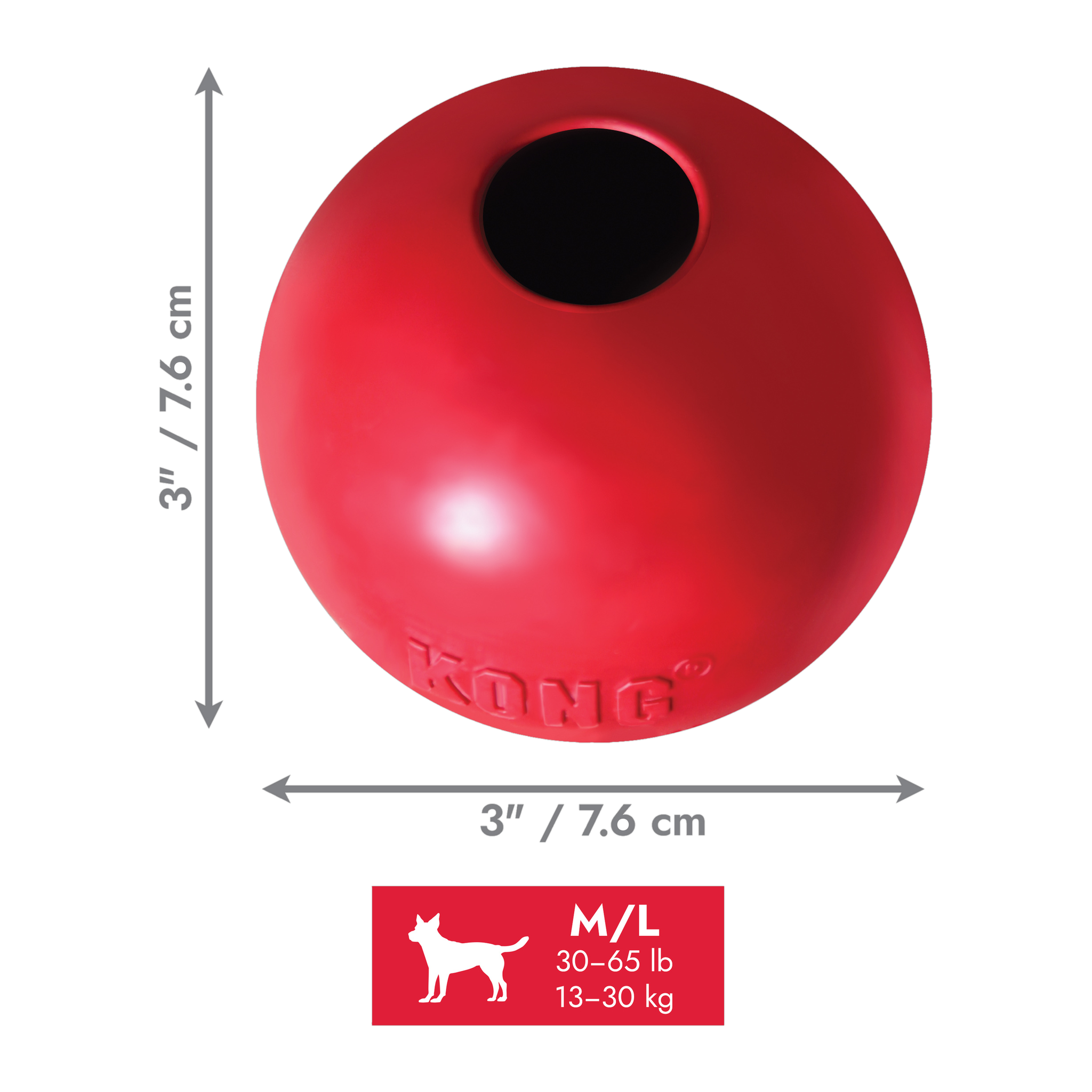 KONG Classic Ball medium large size dimensions, 3 inches, for dogs 30 to 65 pounds