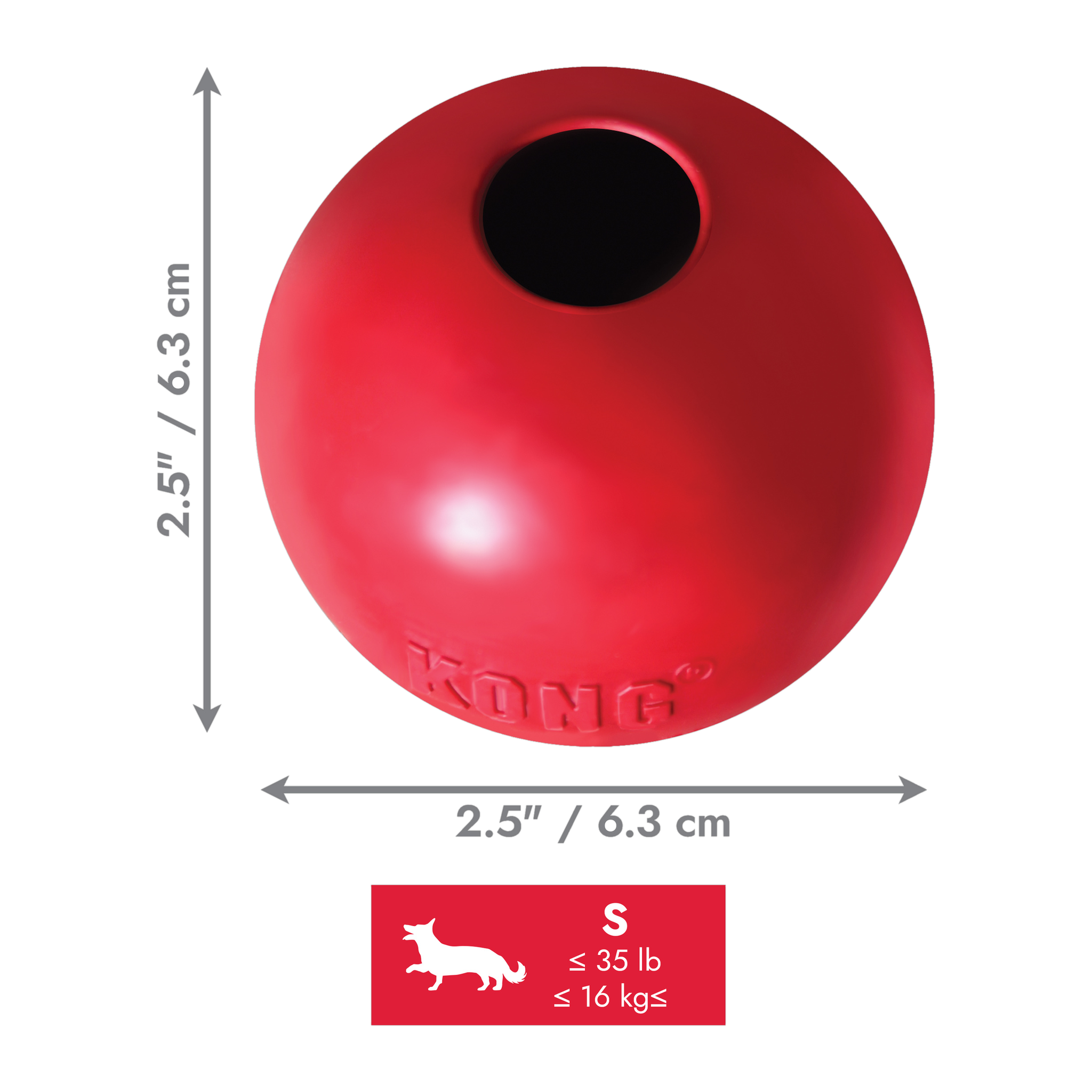 KONG Classic Ball small size dimensions, 2.5 inches, for dogs up to 35 pounds