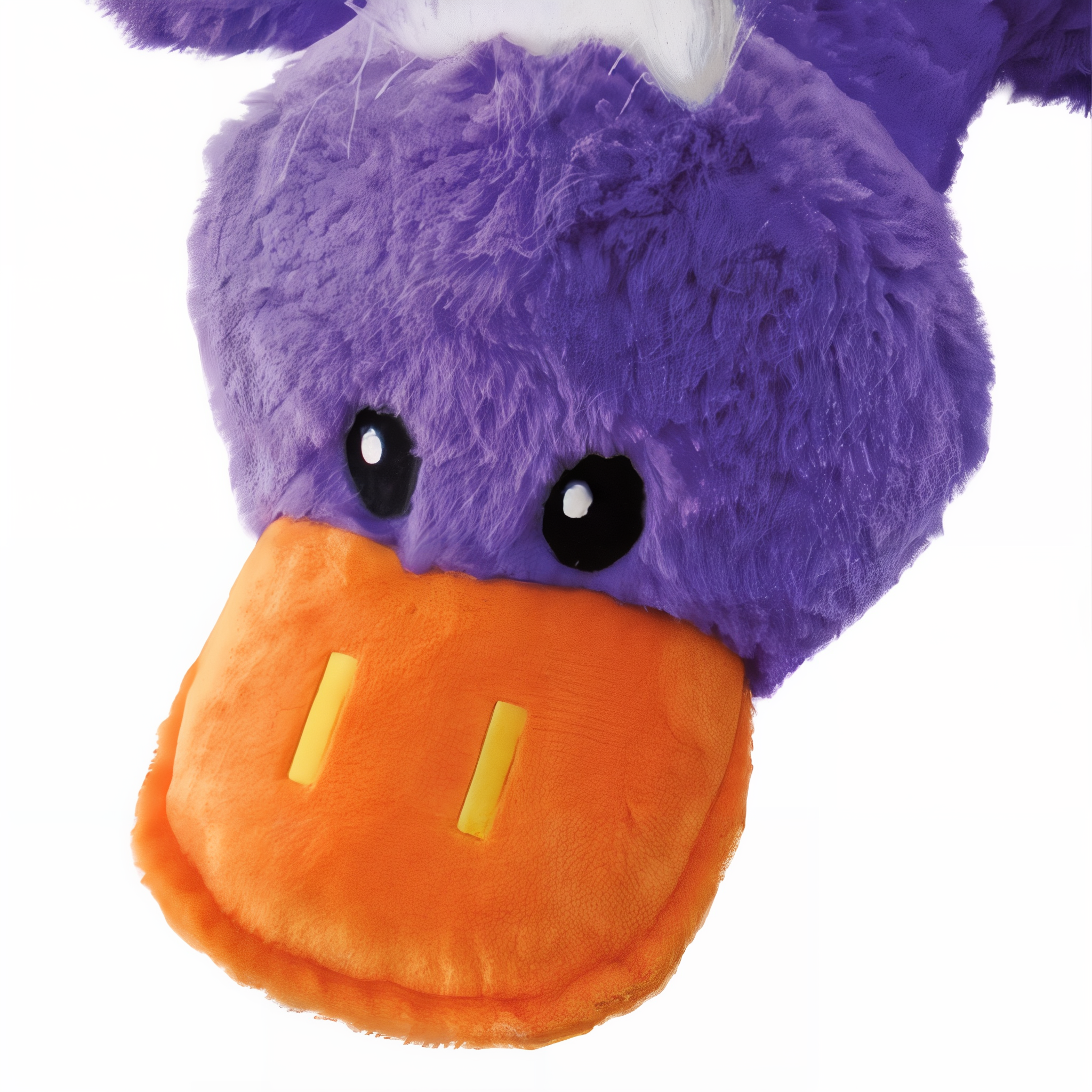 Close-up of the KONG Comfort Jumbo Duck Dog Toy purple duck face and beak