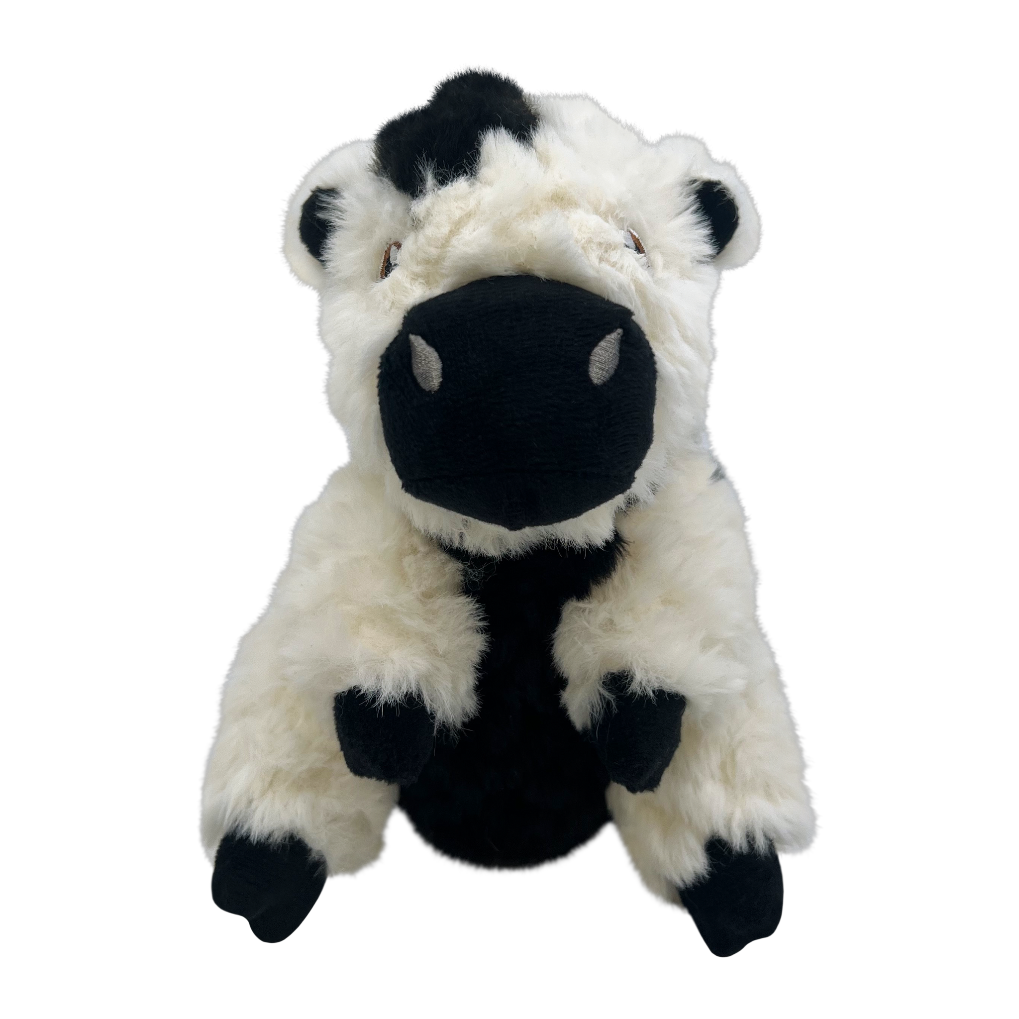 KONG Comfort Tykes Cow plush dog toy, black and white, front view
