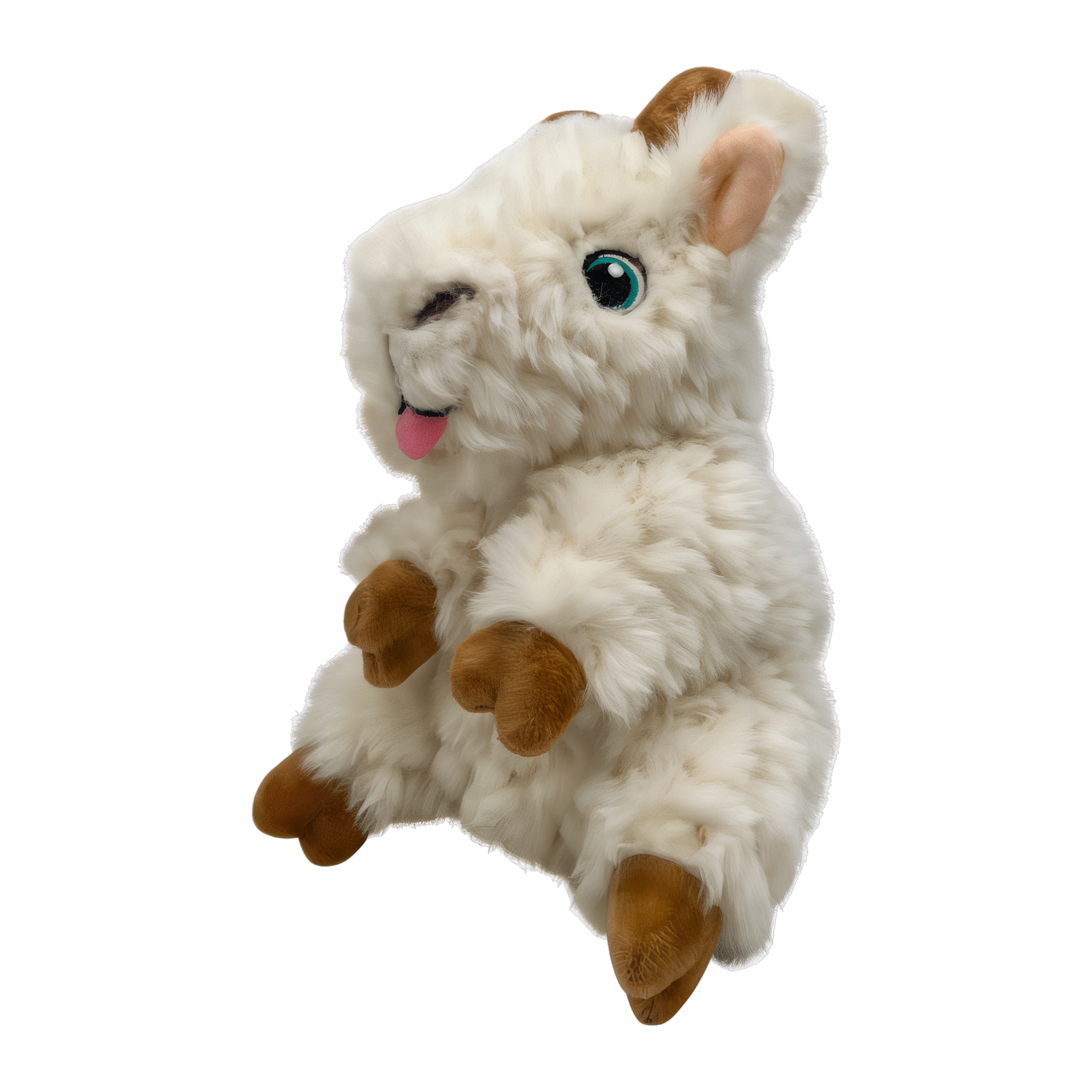 KONG Comfort Tykes Goat plush dog toy, side view, white with tan hooves