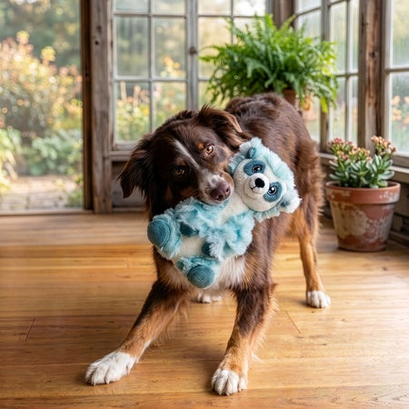 Brown dog holding the KONG Comfort Wuzzeez Meerkat on a sunny porch