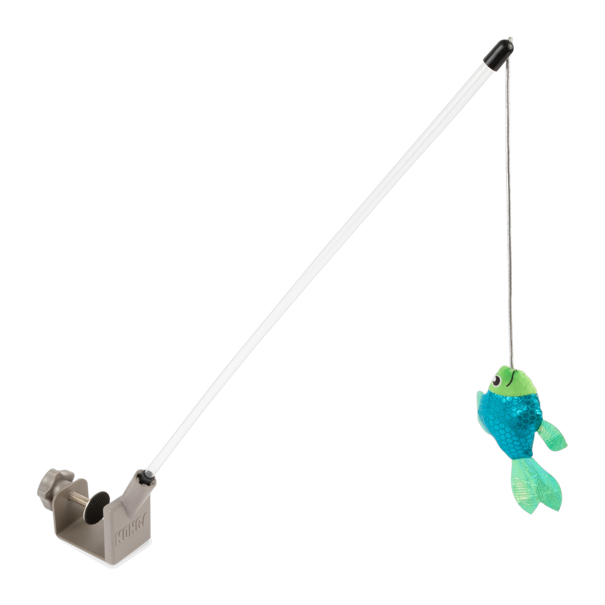 KONG Connects Angler Door Teaser assembled with clamp base, pole and hanging plush fish