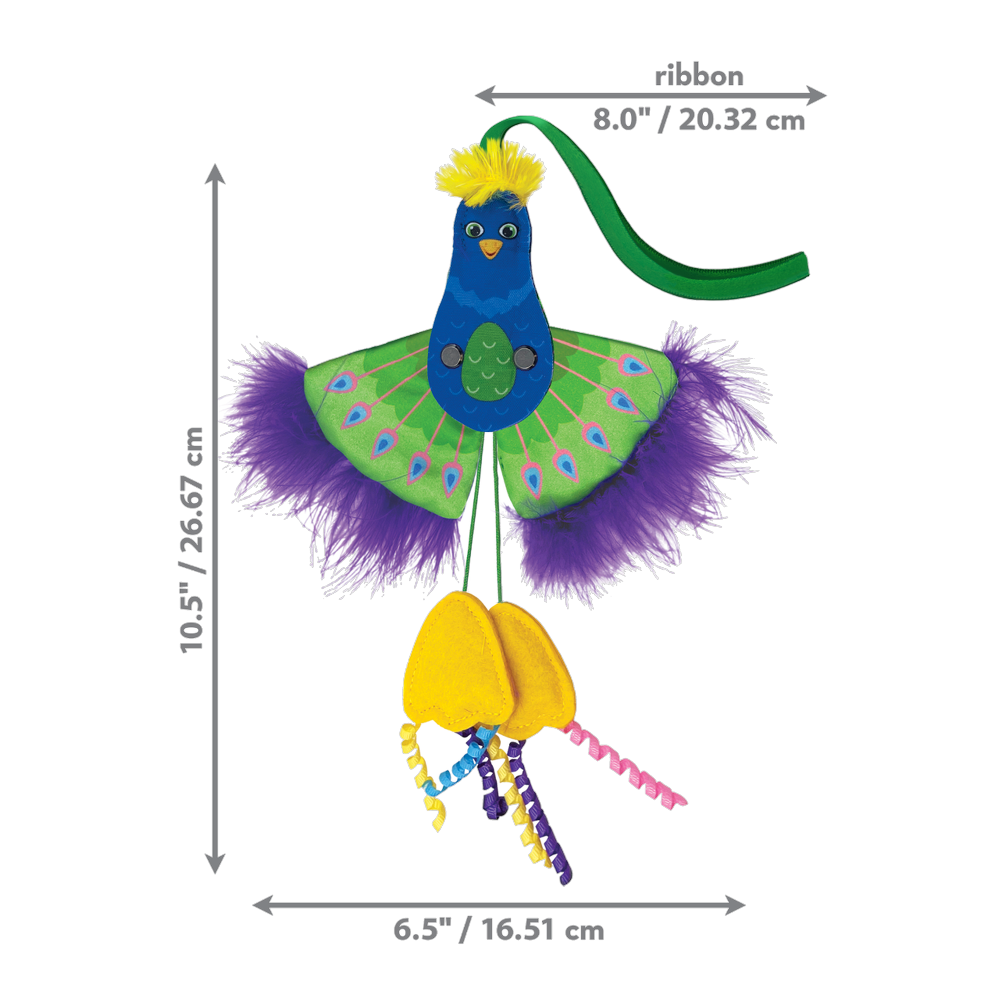 KONG Connects Peacock cat toy dimensions, 10.5 inches tall by 6.5 inches wide with 8 inch ribbon