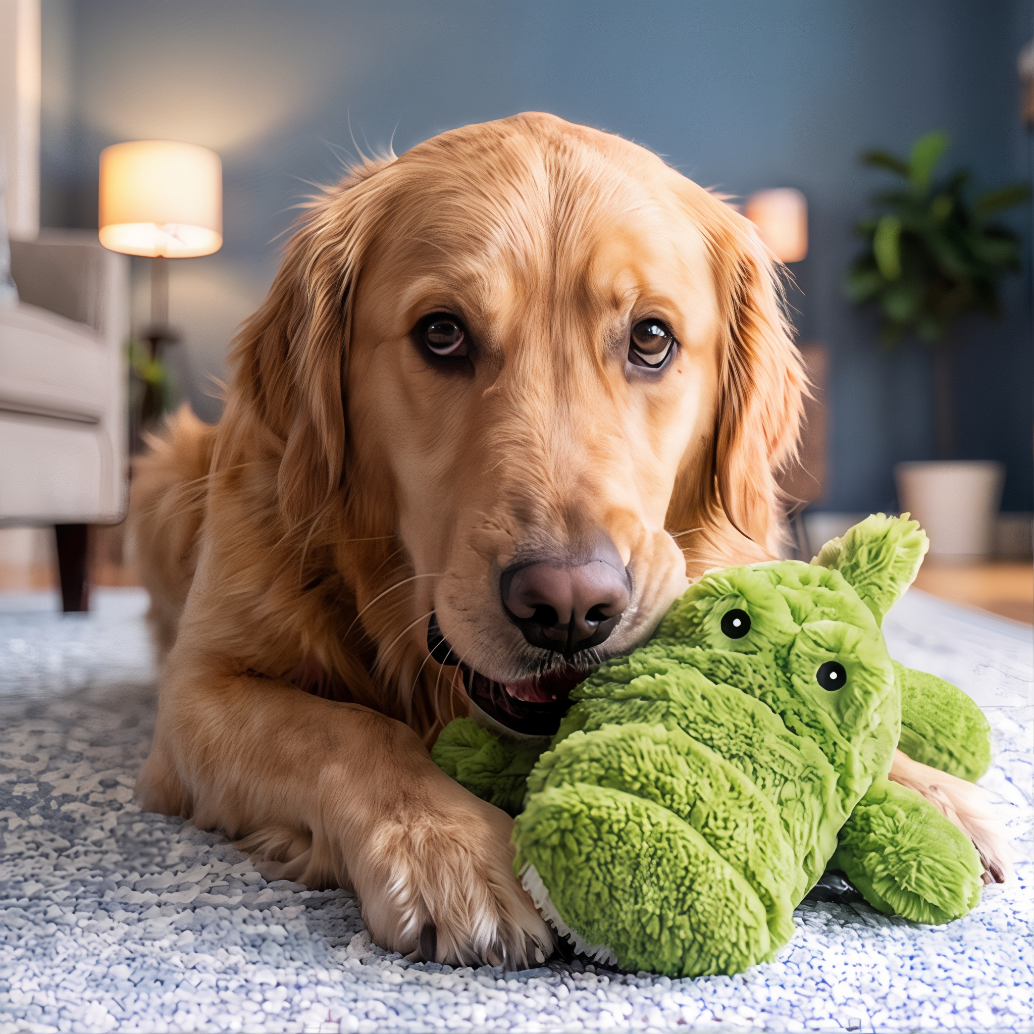 Golden retriever snuggling the KONG Cozie Ali Alligator plush dog toy