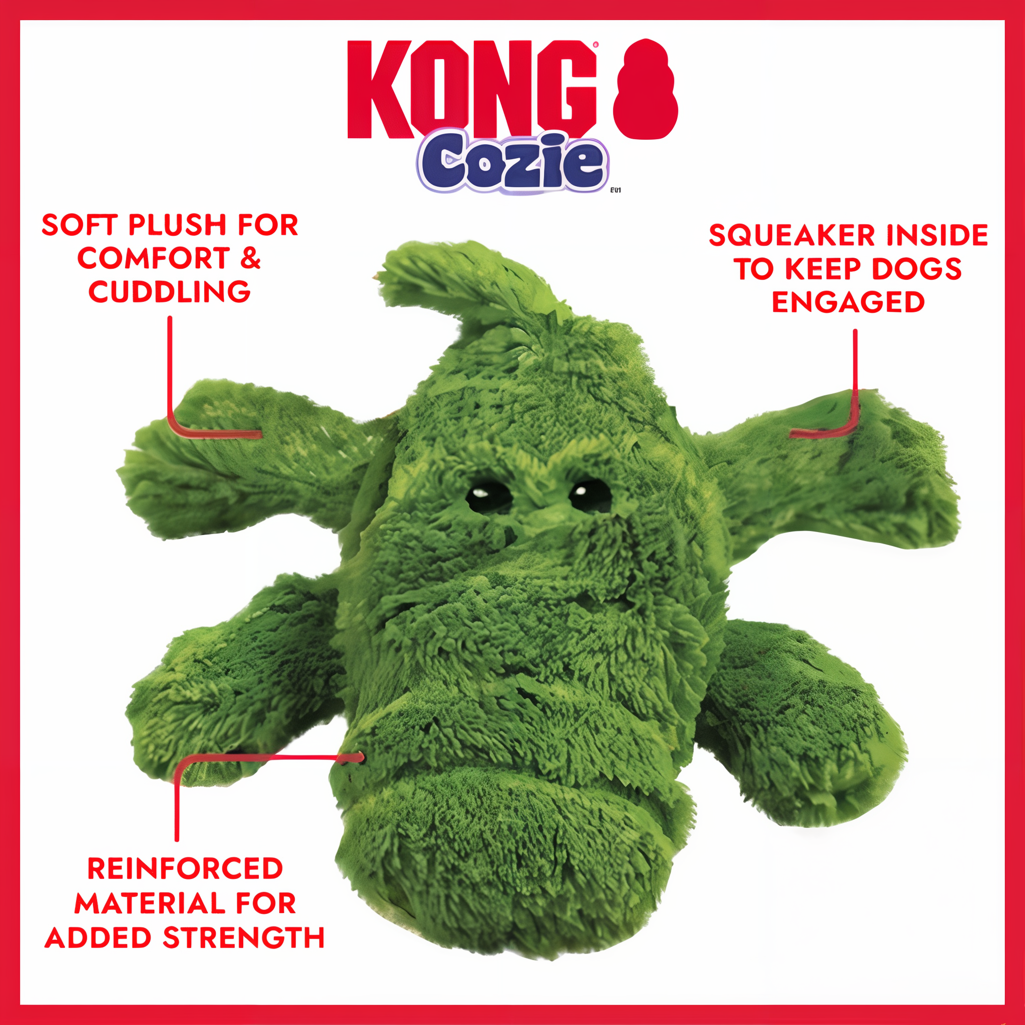 KONG Cozie Ali Alligator feature callouts with squeaker and reinforced material