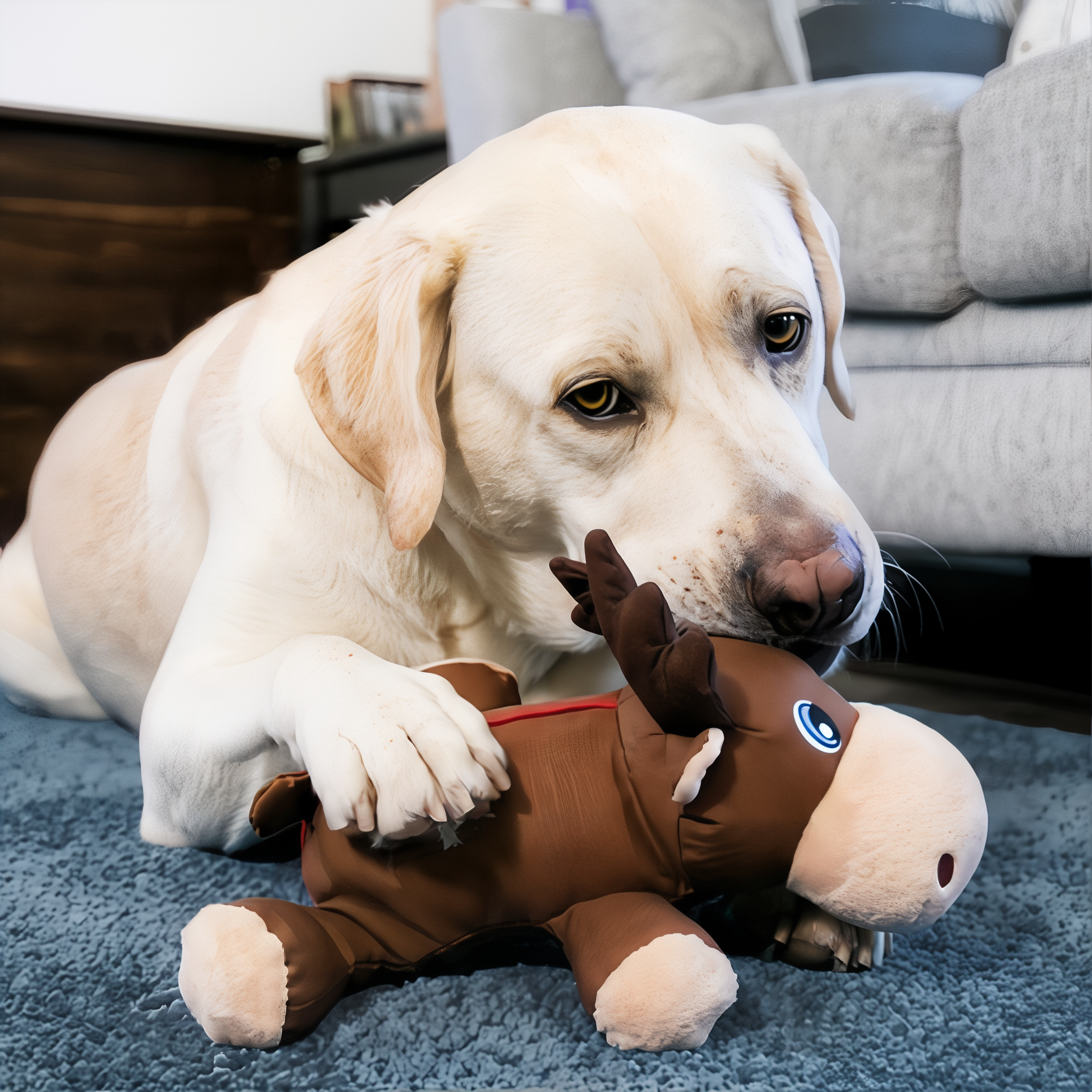 Labrador retriever cuddling the KONG Cozie Ultra Max Moose dog toy