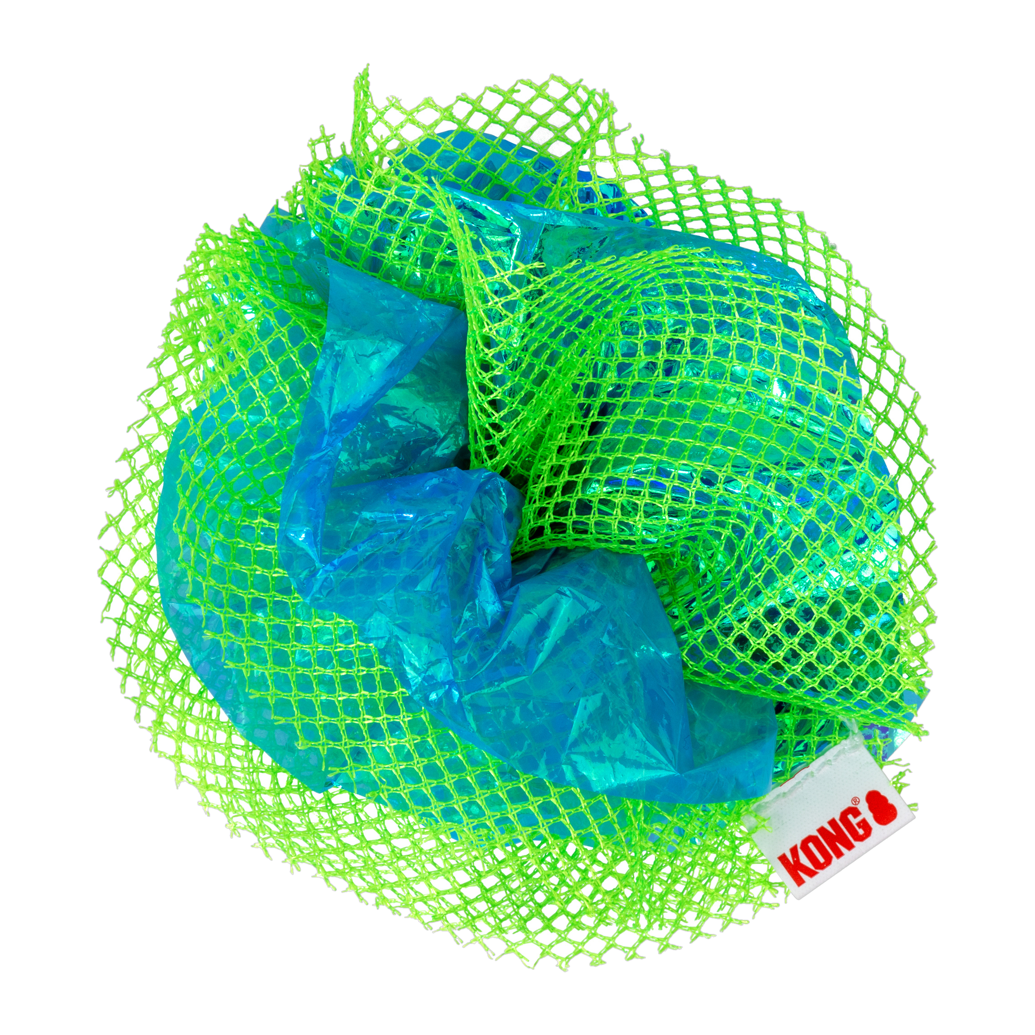 KONG Crackles Fluff Balls cat toy, green and blue crinkle mesh ball