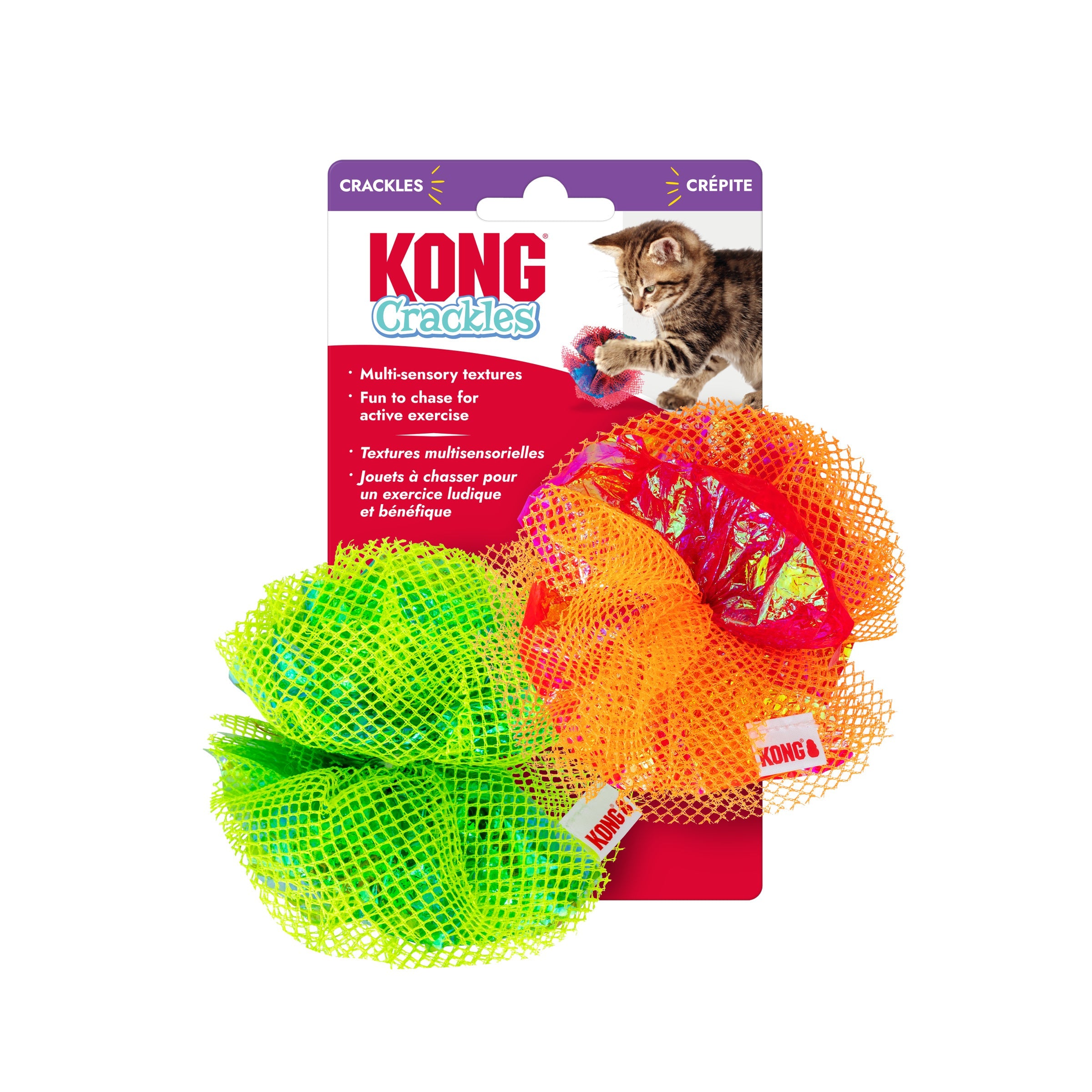 KONG Crackles Fluff Balls 2-pack packaging, green and orange
