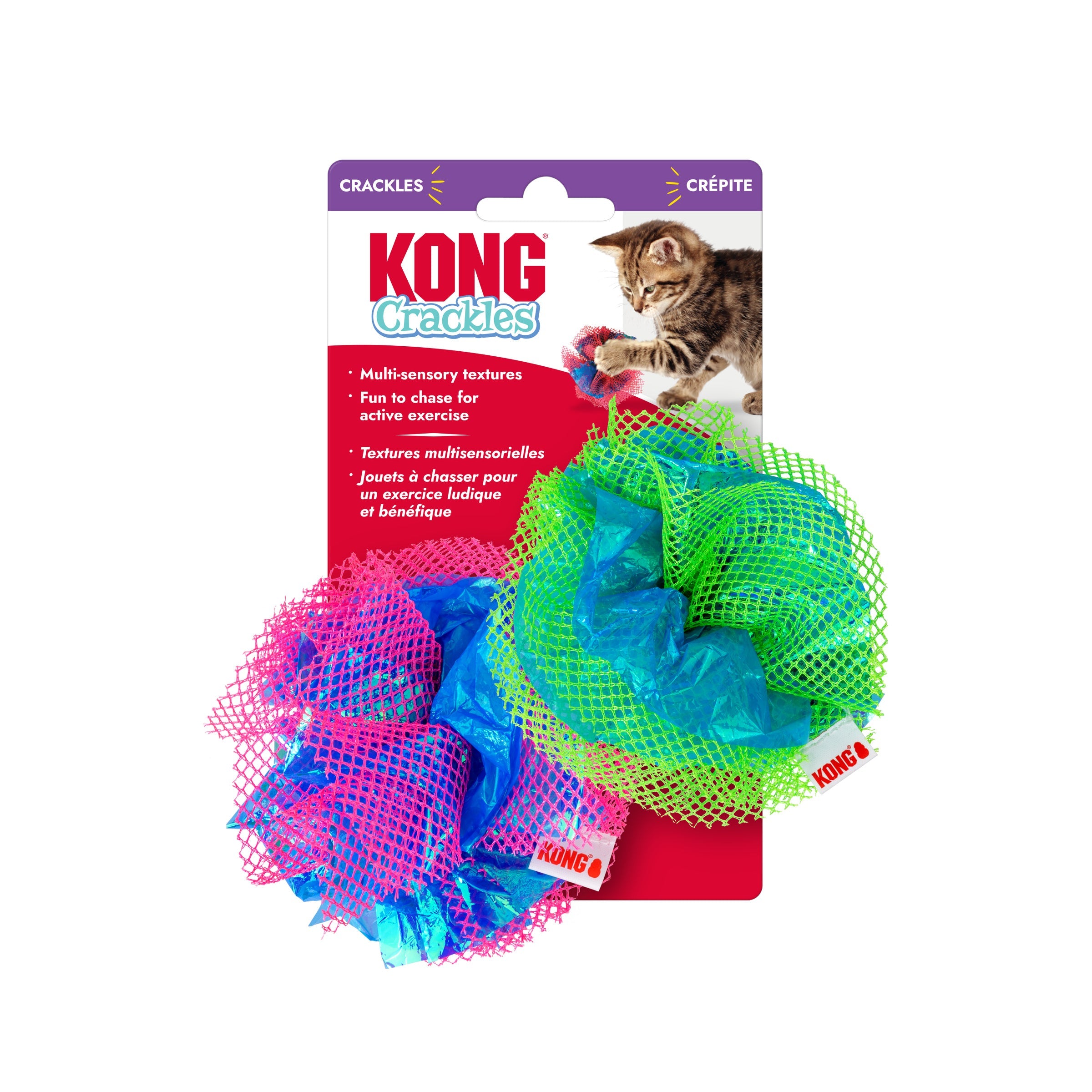 KONG Crackles Fluff Balls 2-pack packaging, pink and green