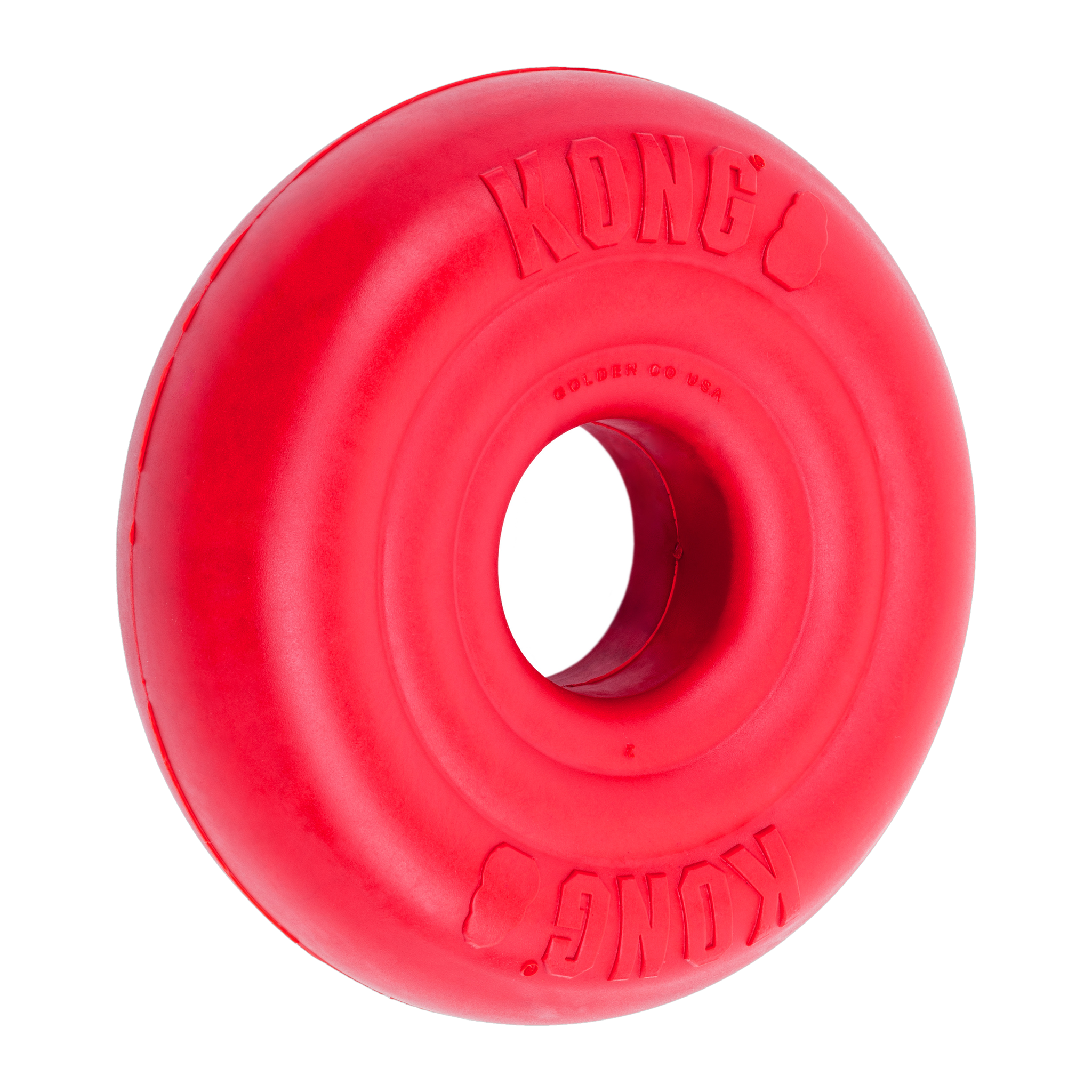 KONG Donut red rubber dog toy, three-quarter view