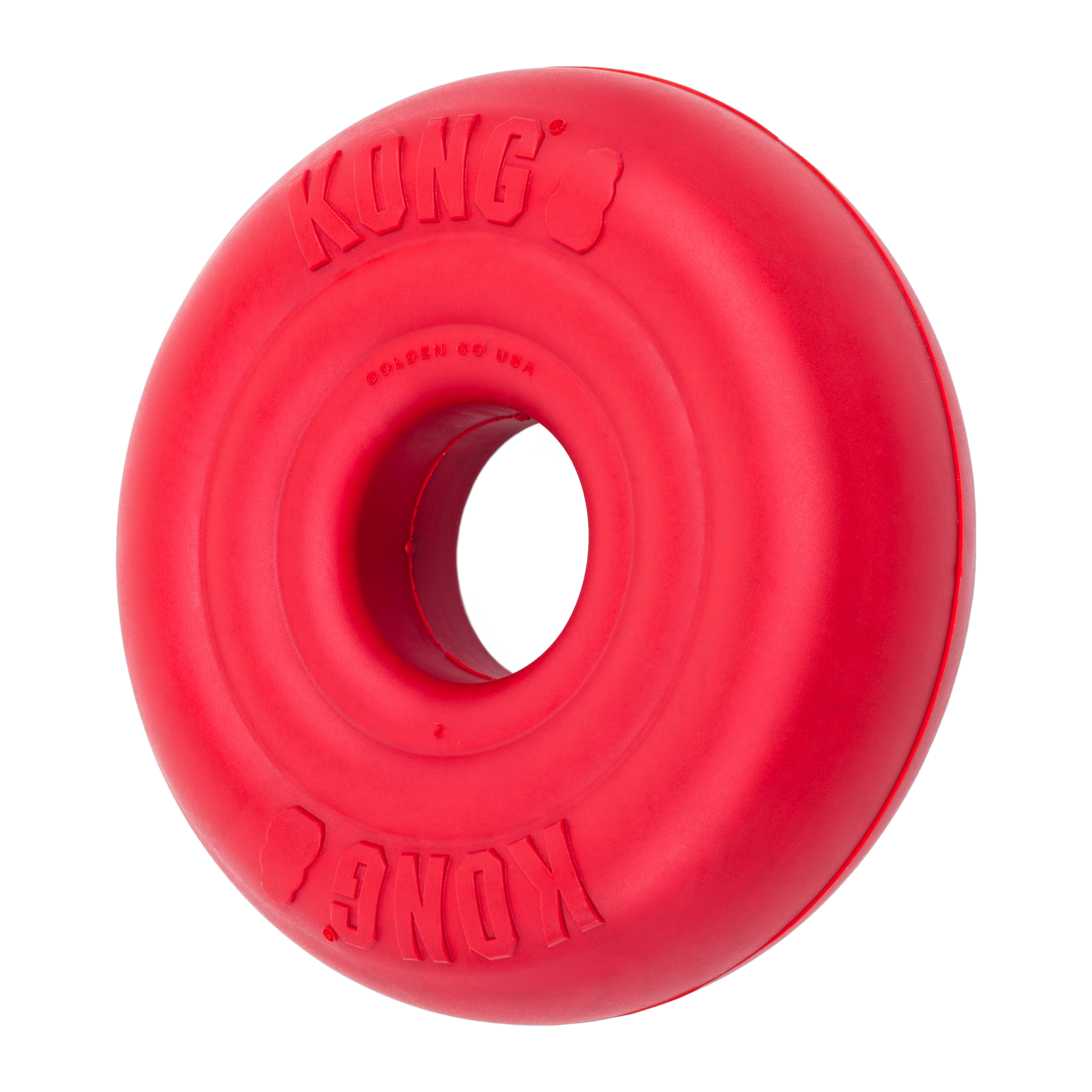 KONG Donut red rubber dog toy, angled view showing embossed KONG logo