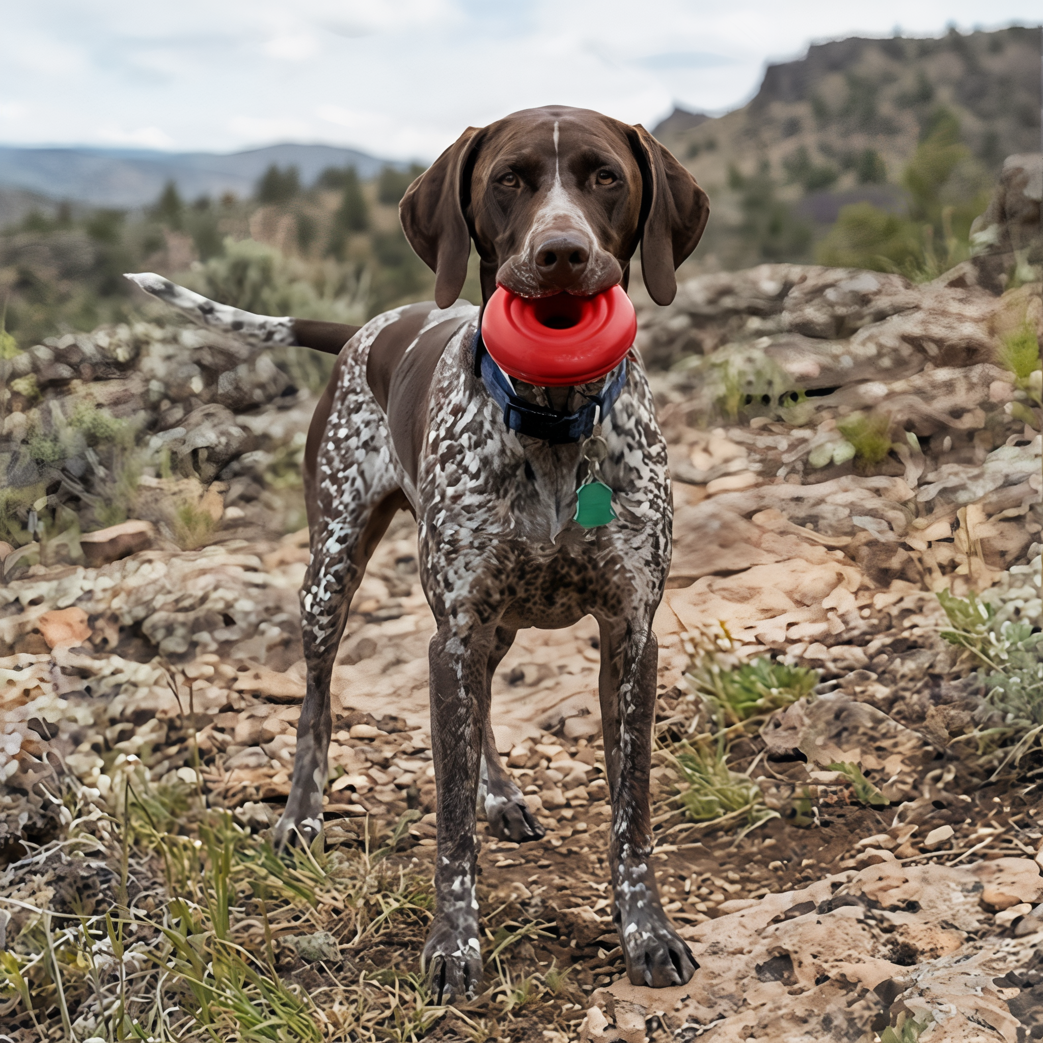 German Shorthaired Pointer carrying a red KONG Donut on a rocky trail
