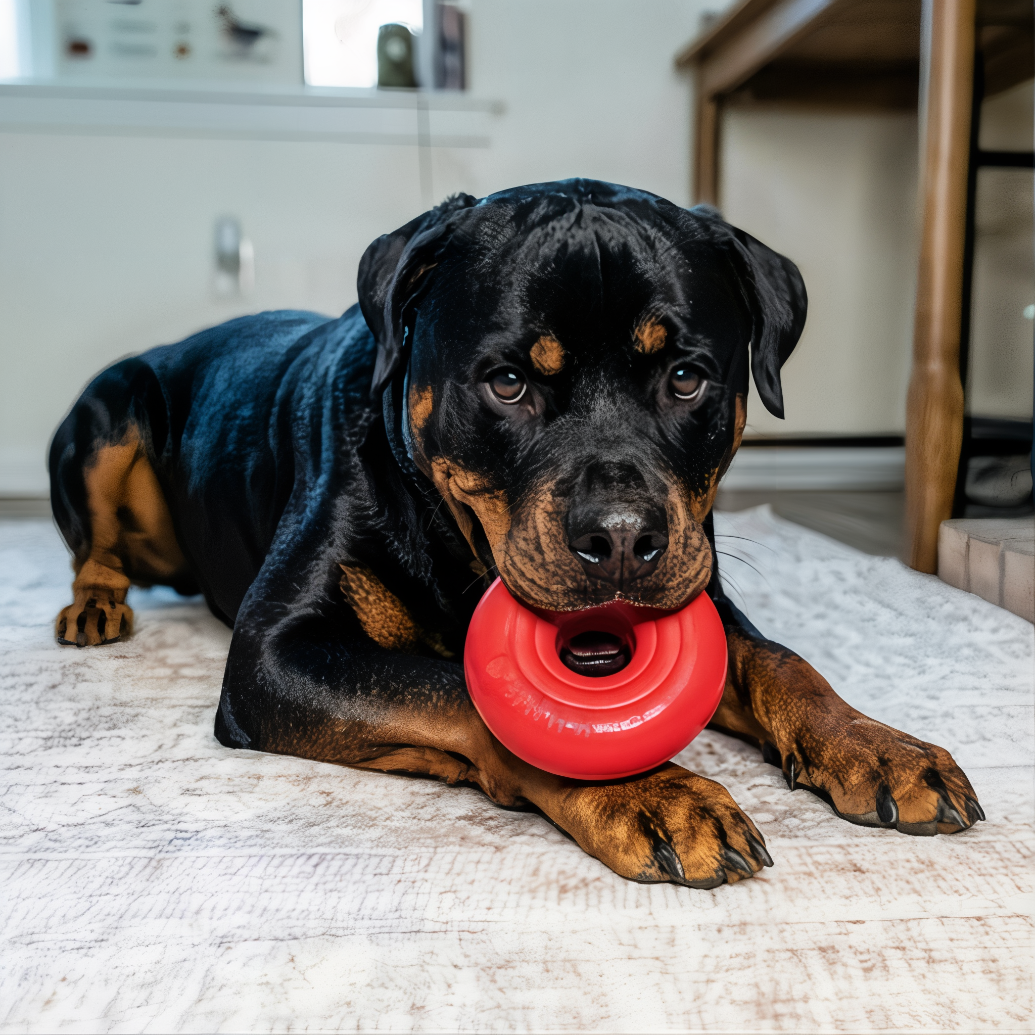 Rottweiler chewing a red KONG Donut on a living room rug