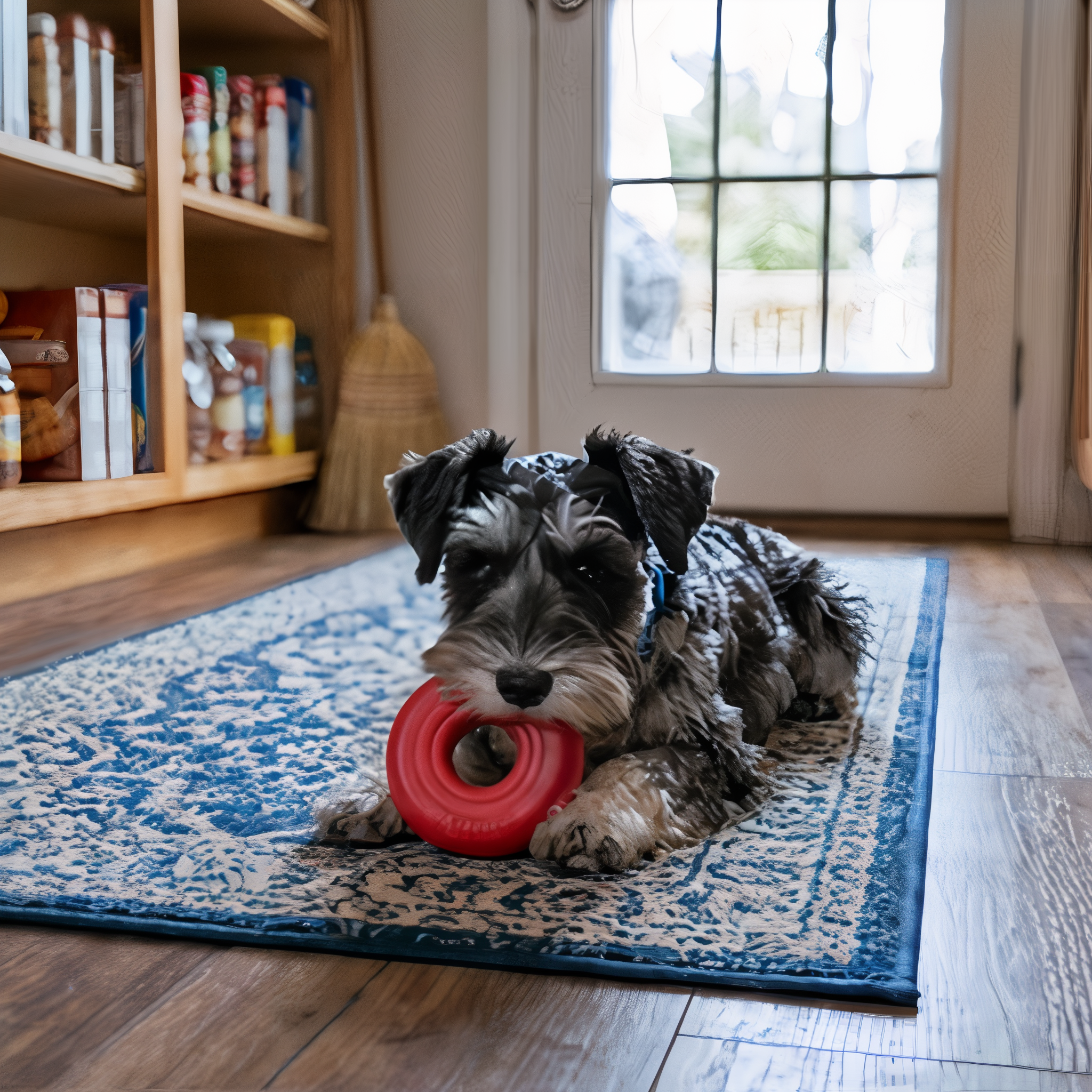 Miniature Schnauzer chewing a red KONG Donut at home