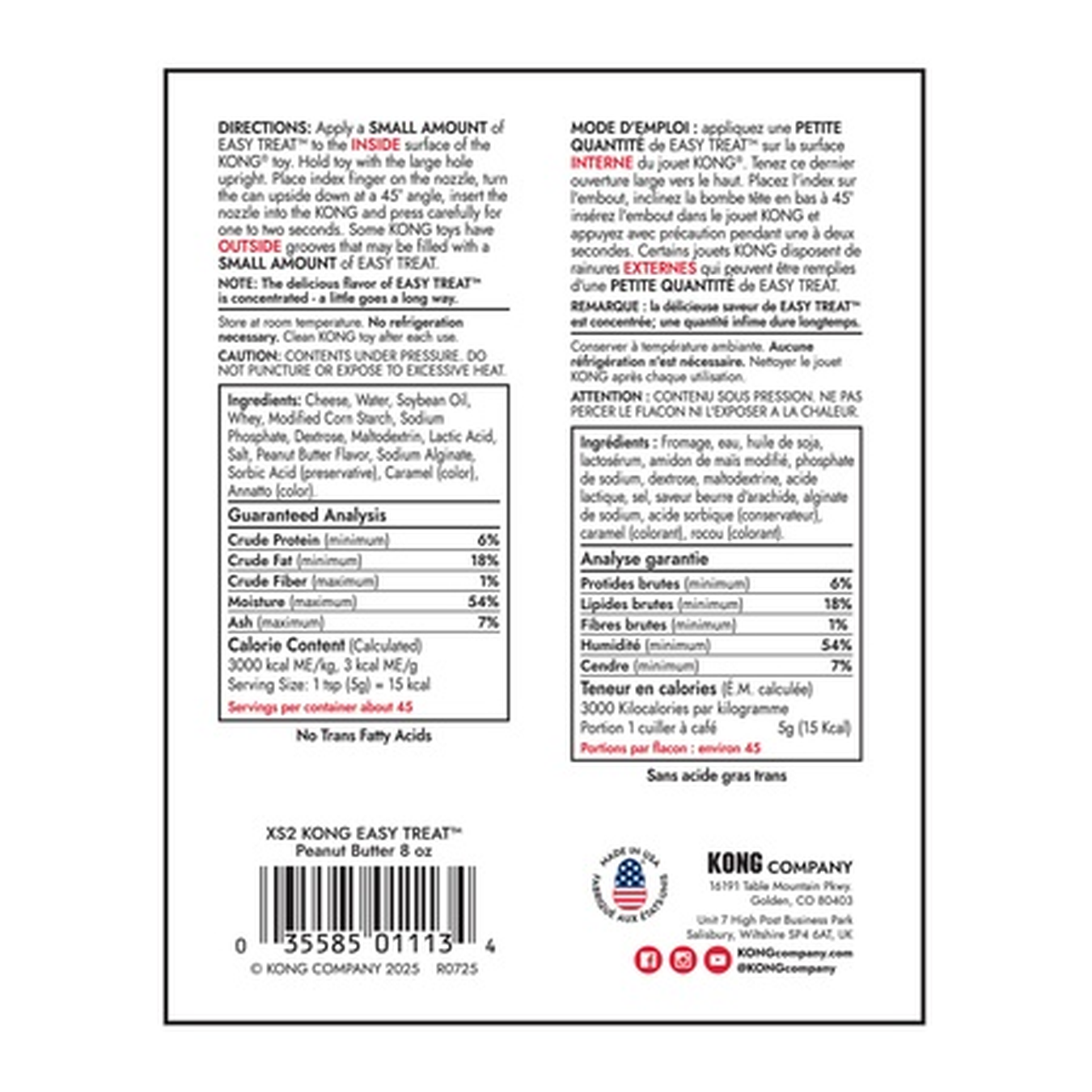 KONG Easy Treat Peanut Butter directions and guaranteed analysis label