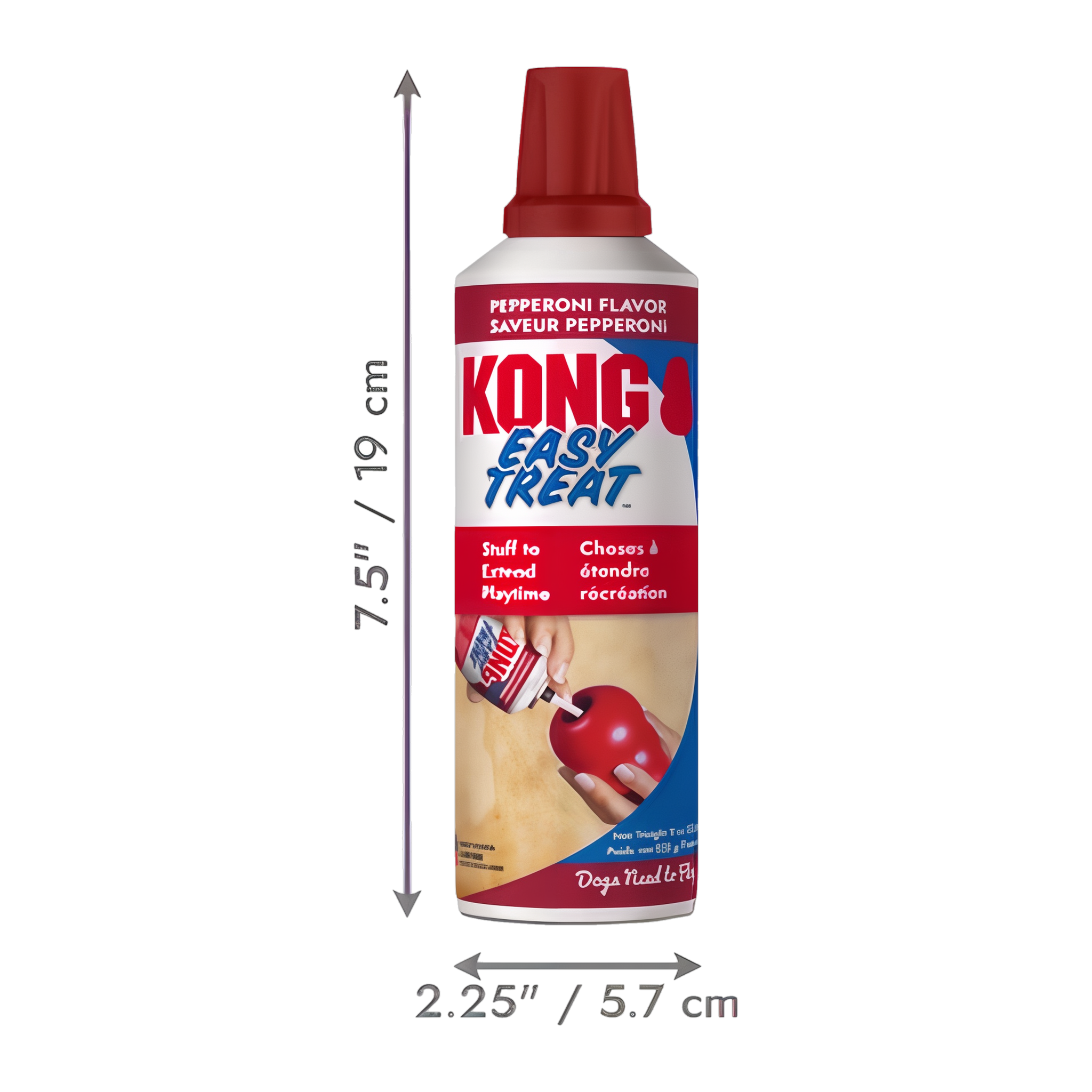 Filling a KONG Classic toy with Easy Treat Pepperoni using the built-in nozzle