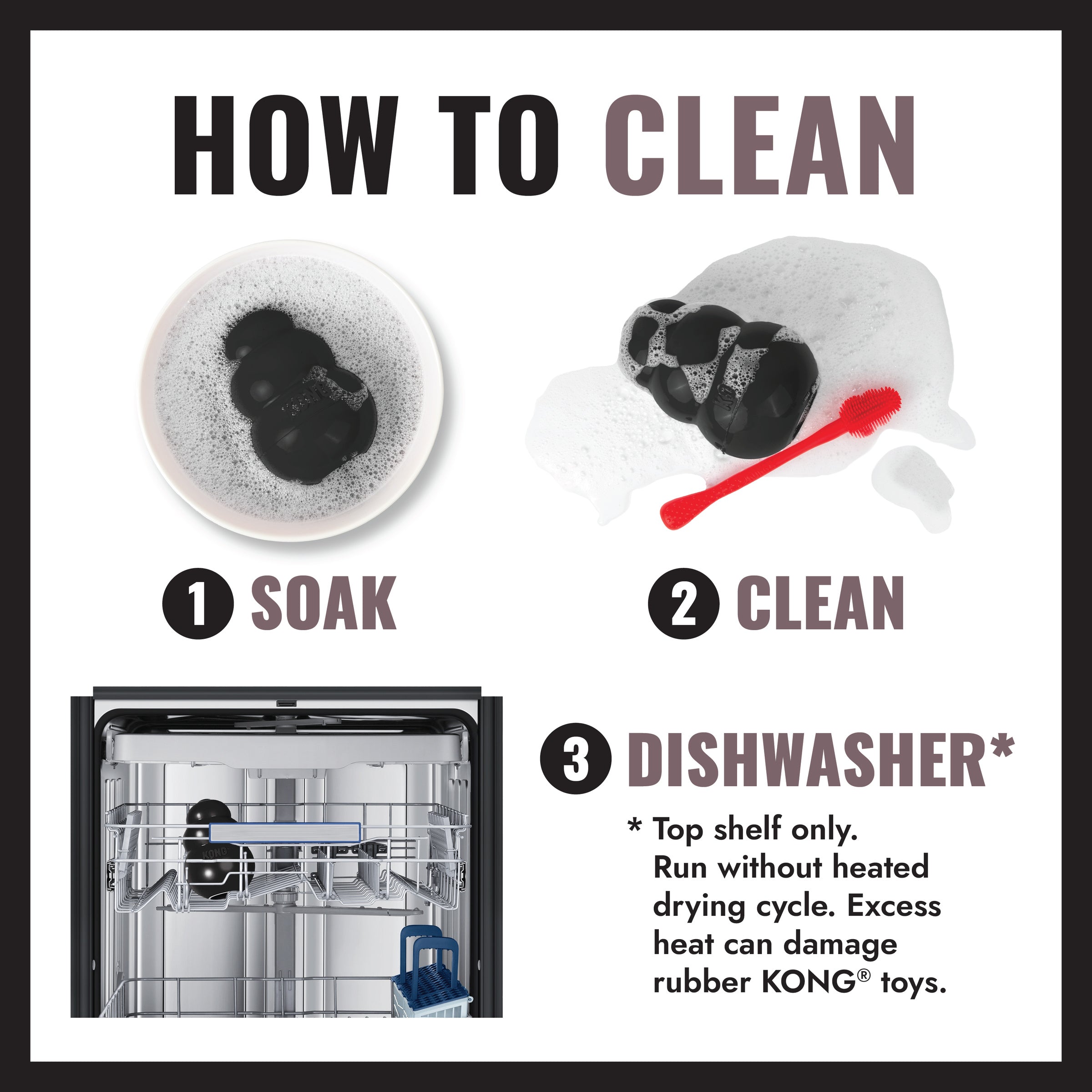 How to clean KONG rubber toys by soaking, scrubbing or dishwasher