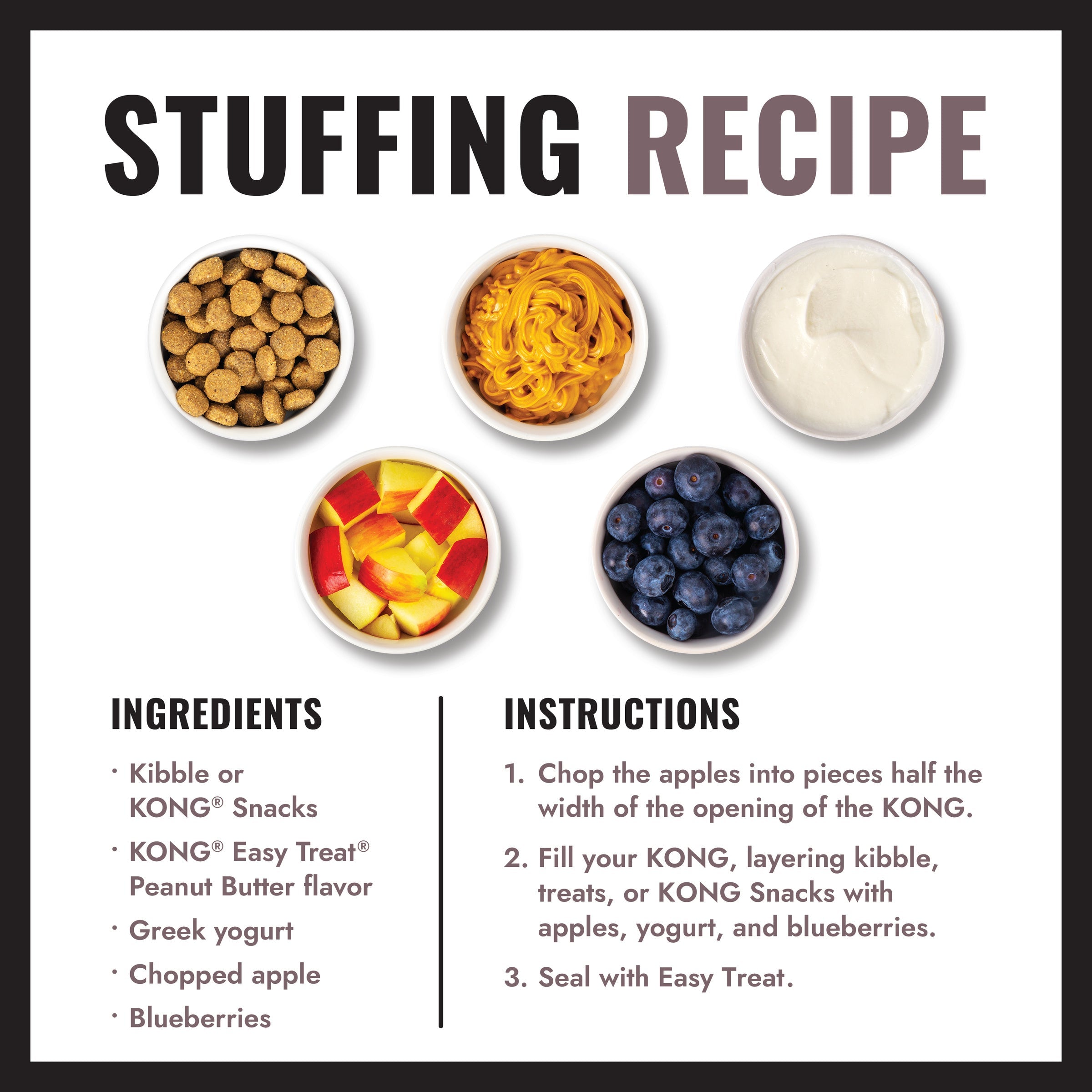 KONG stuffing recipe with kibble, peanut butter, yogurt and treats