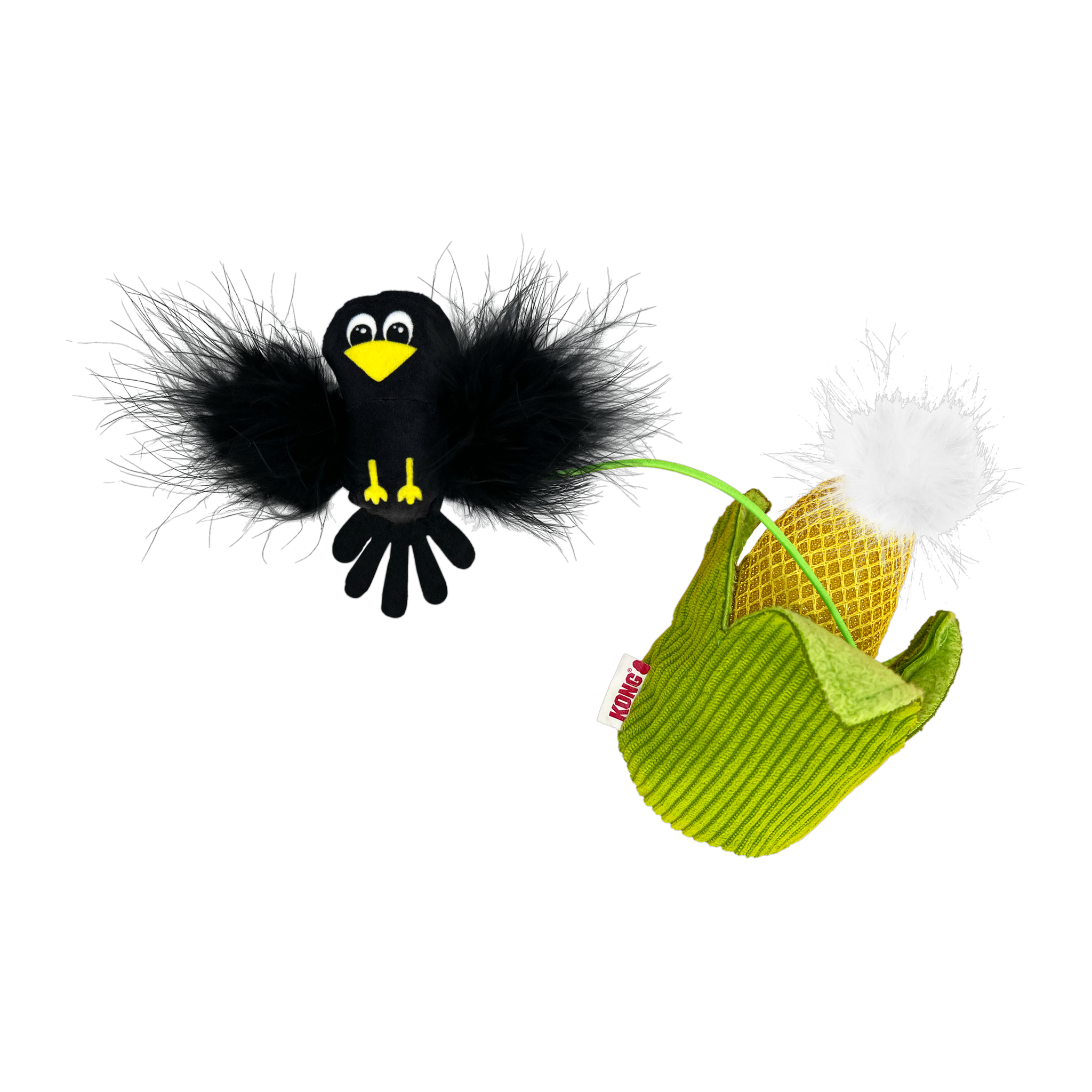 KONG Flingaroo Corny crow and corn cob cat toy with elastic tether
