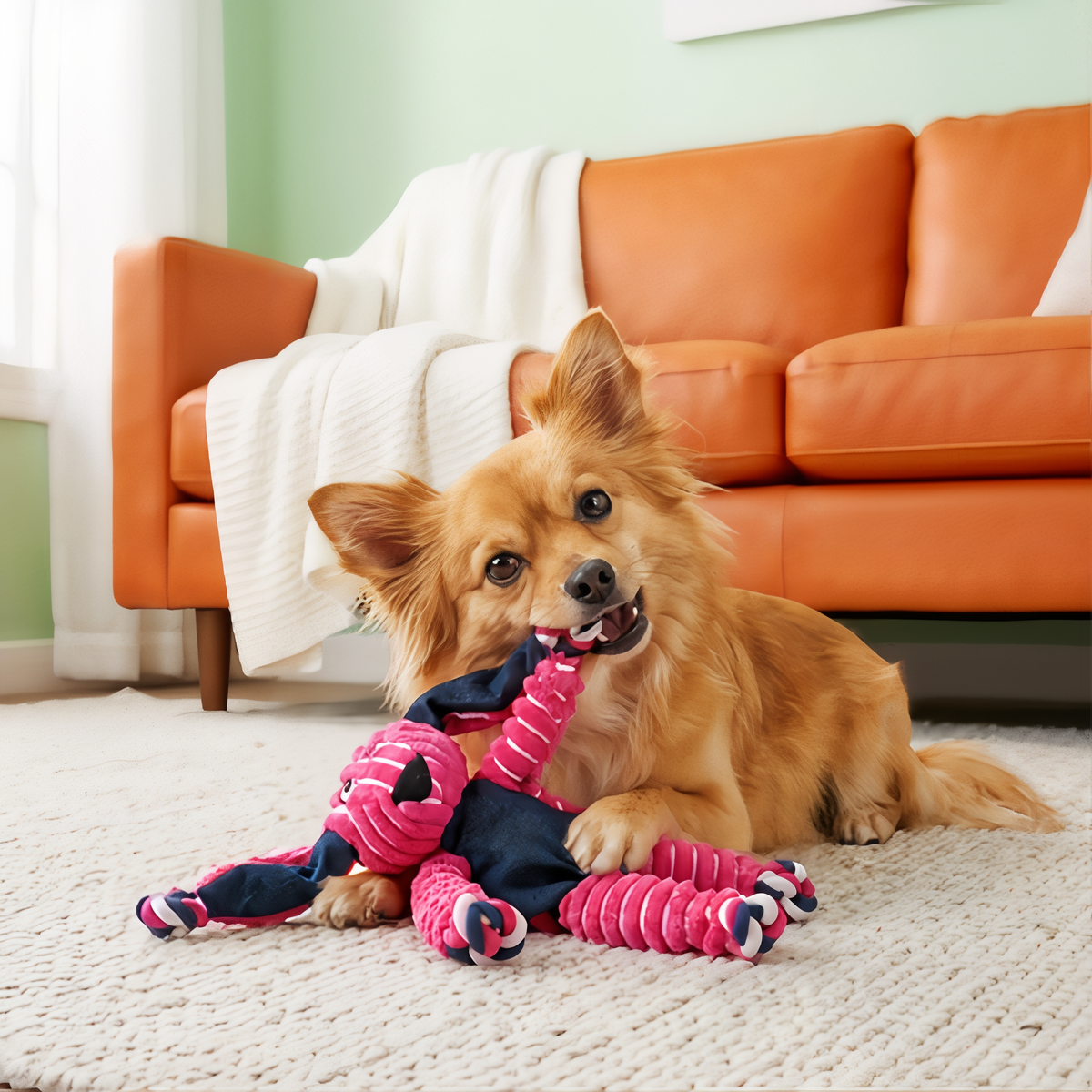 Small dog playing with KONG Floppy Knots Bunny dog toy