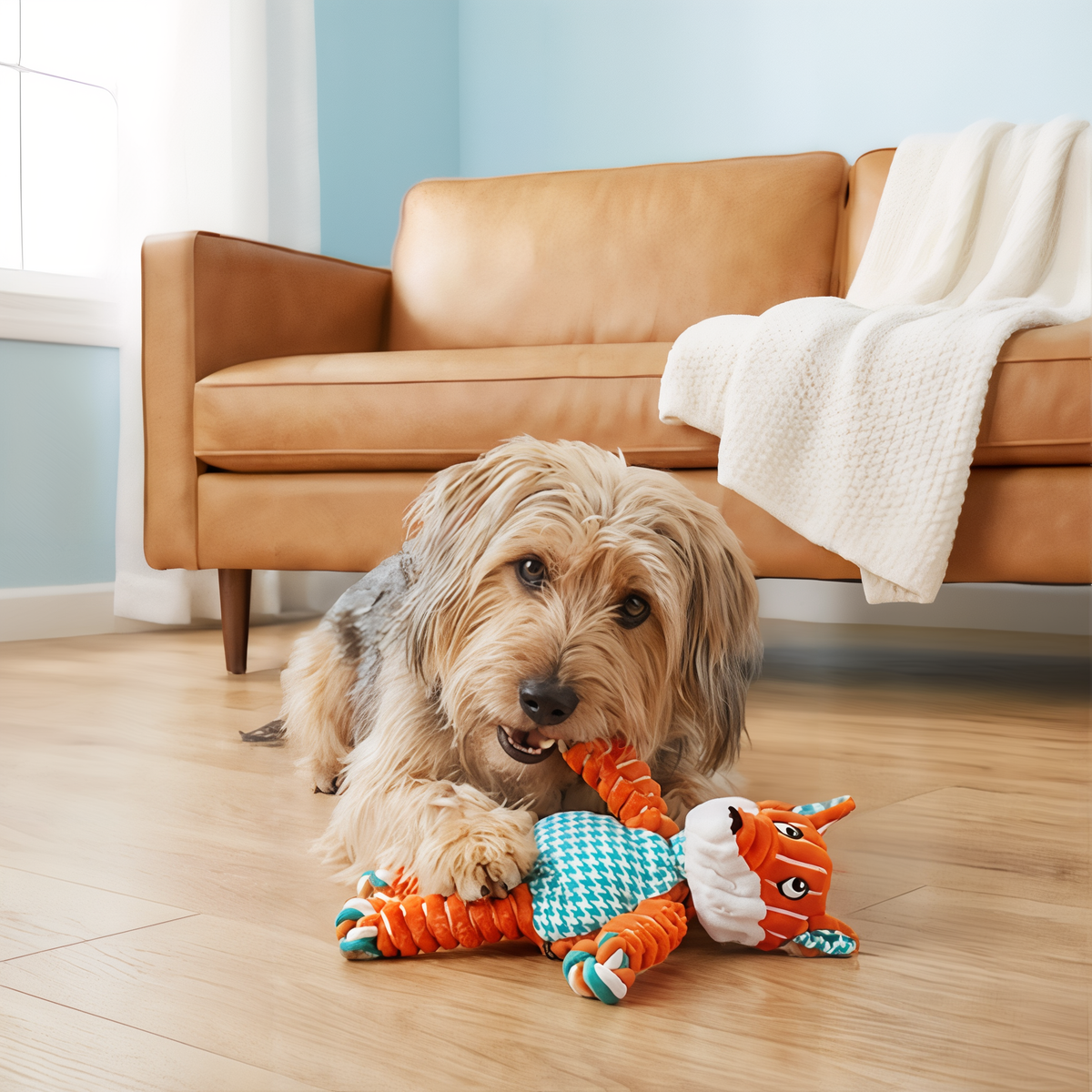 Terrier chewing KONG Floppy Knots Fox plush dog toy