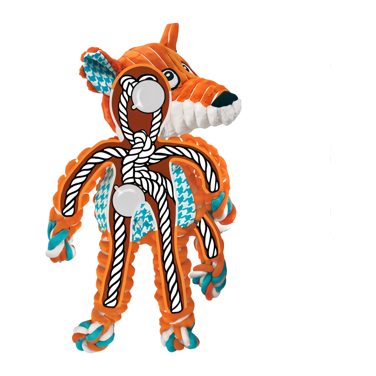 Internal knotted rope and squeaker diagram, KONG Floppy Knots Fox small/medium
