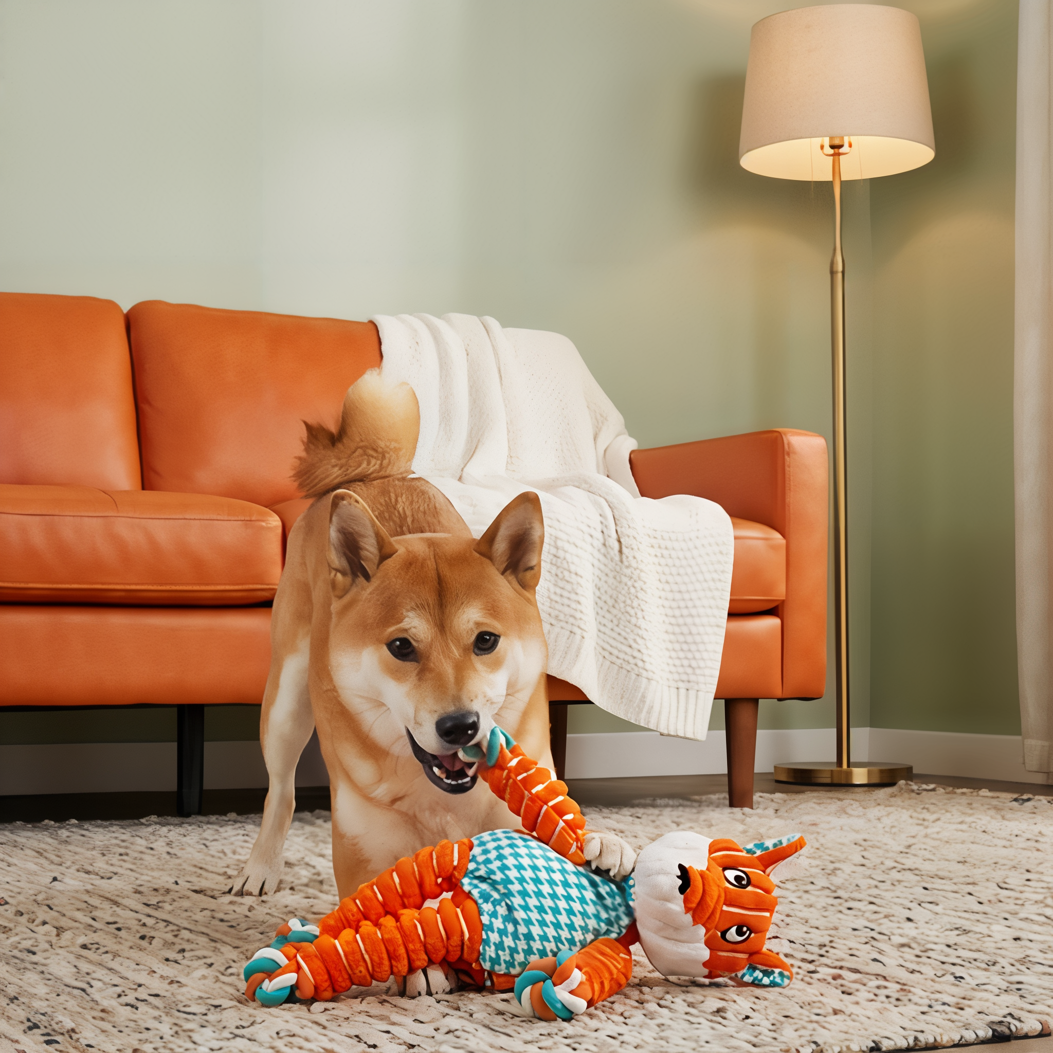 Shiba Inu playing with KONG Floppy Knots Fox plush dog toy