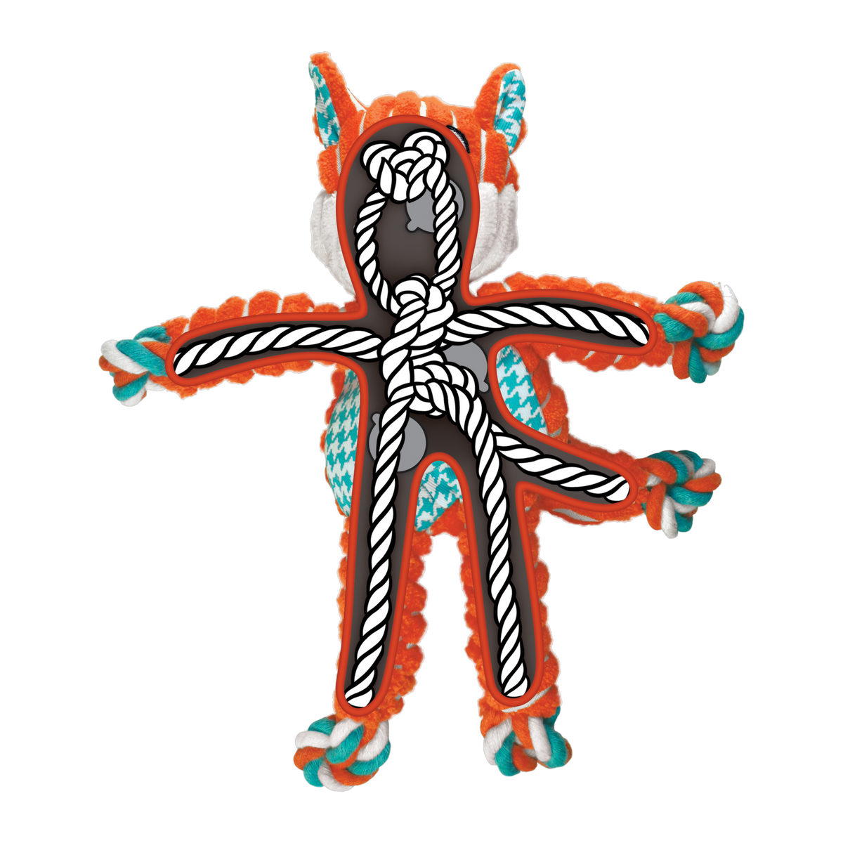 Internal knotted rope and squeaker diagram, KONG Floppy Knots Fox XL