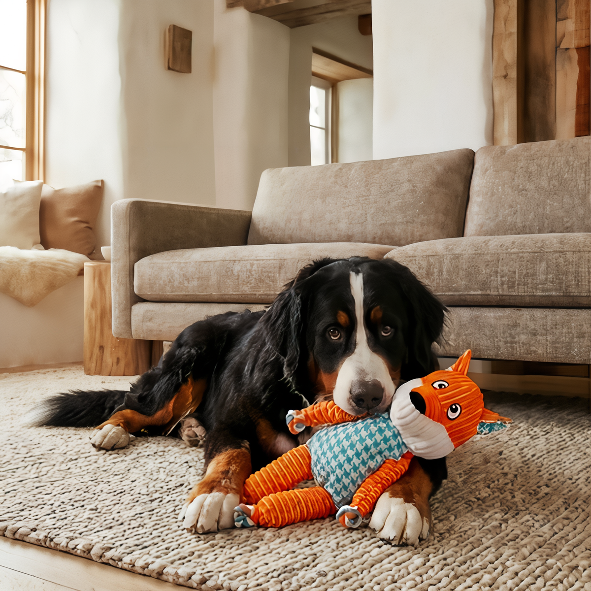 Bernese Mountain Dog with KONG Floppy Knots Fox XL plush dog toy
