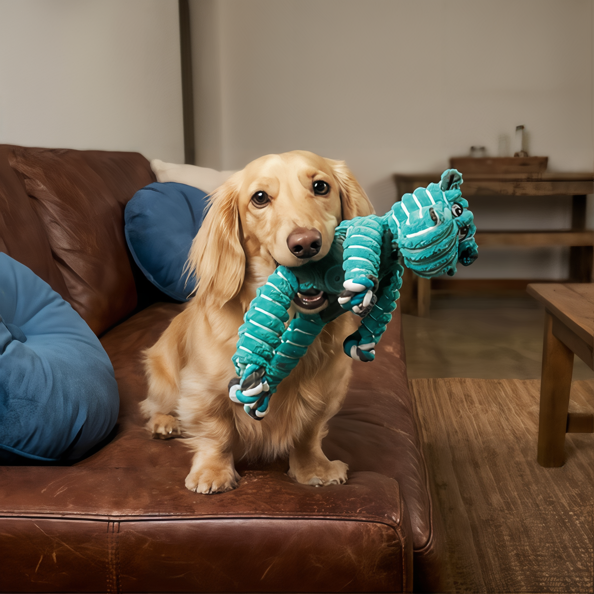 Dachshund carrying the medium KONG Floppy Knots Hippo