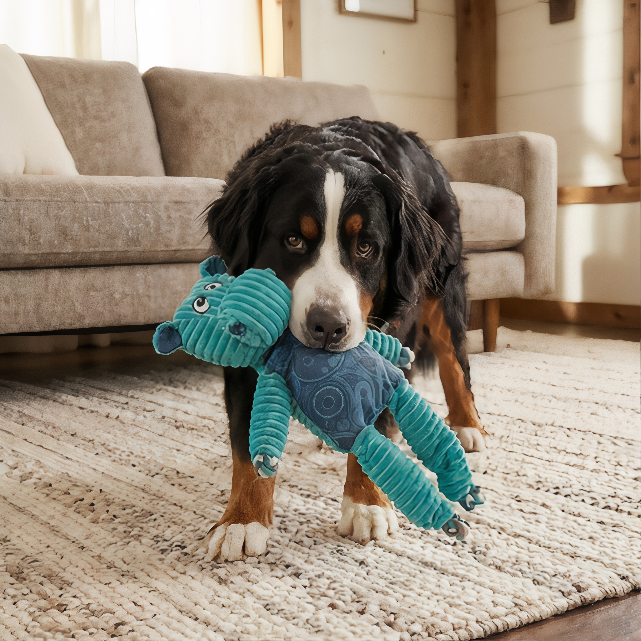 Bernese Mountain Dog carrying the x-large KONG Floppy Knots Hippo