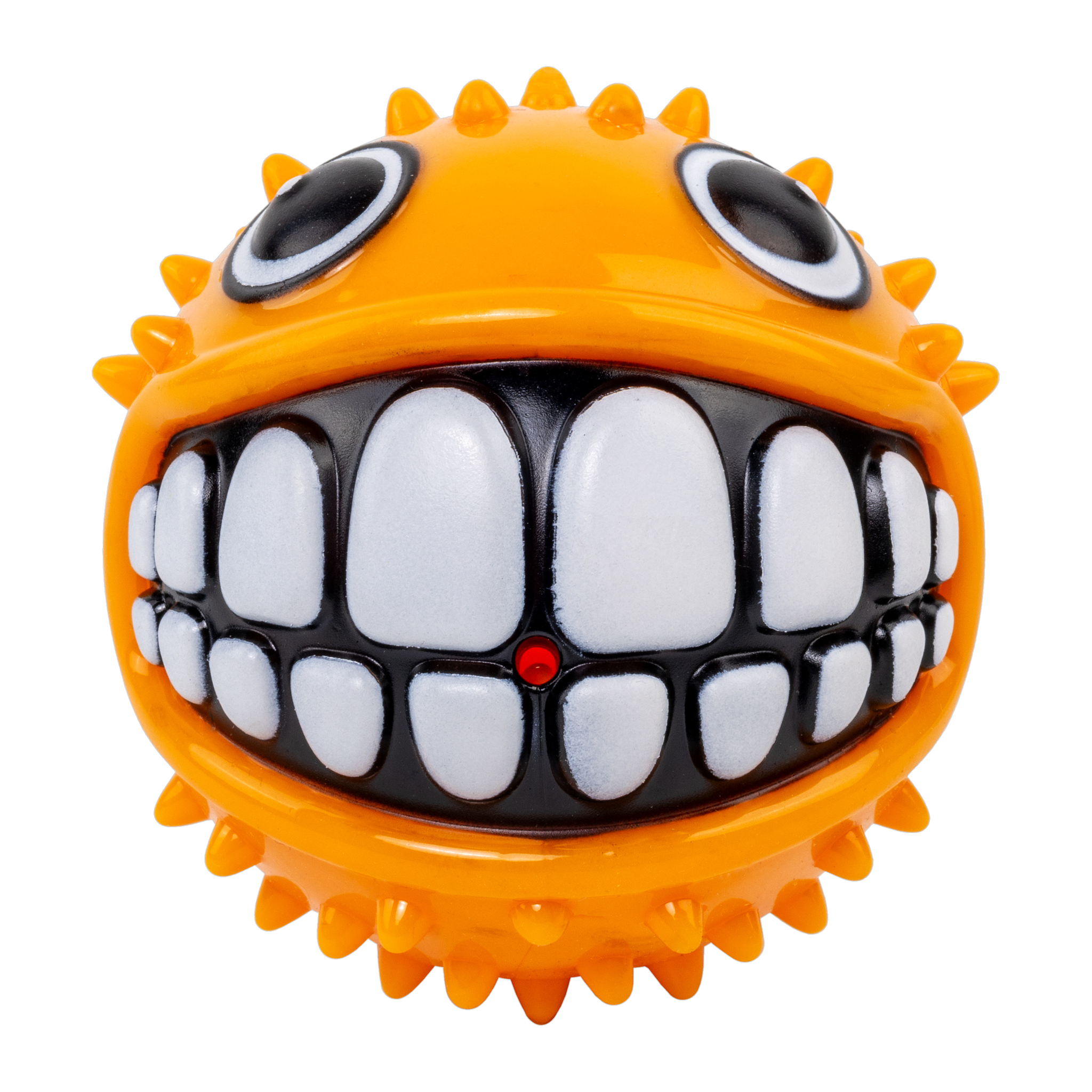KONG Grinz Puffer Fish dog toy front view, medium size squeaky fetch ball