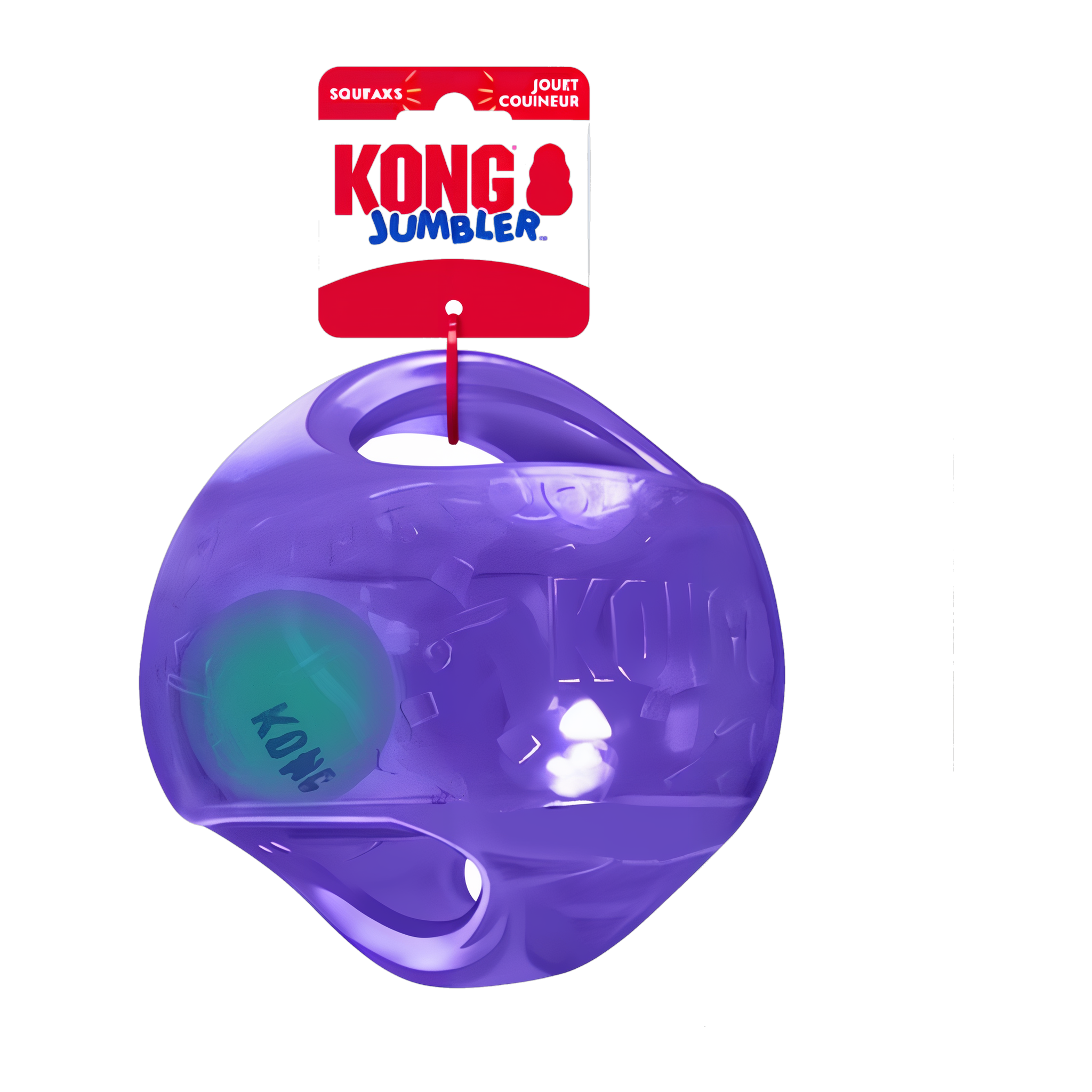 Purple KONG Jumbler Ball dog toy with hang tag