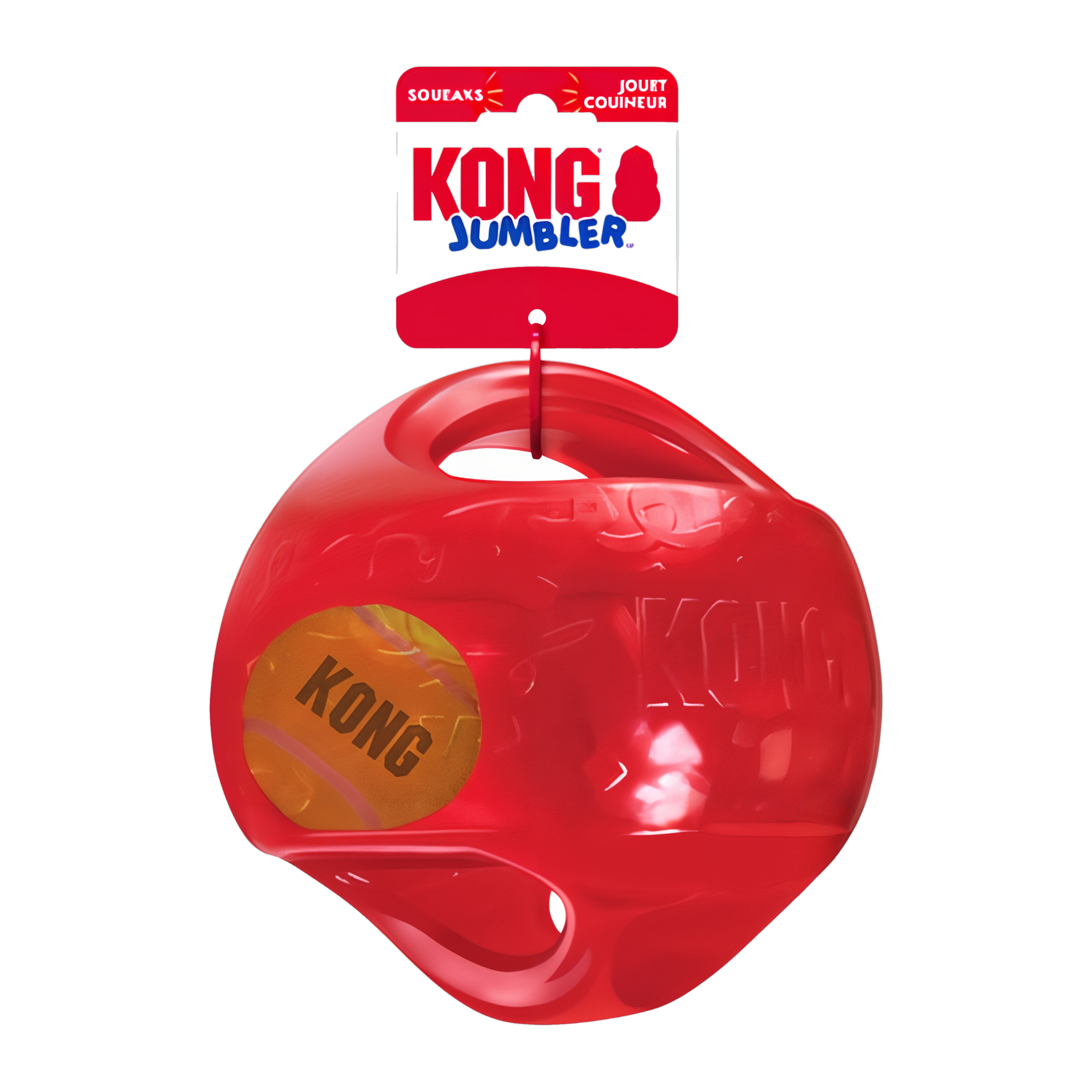 Red KONG Jumbler Ball dog toy with hang tag