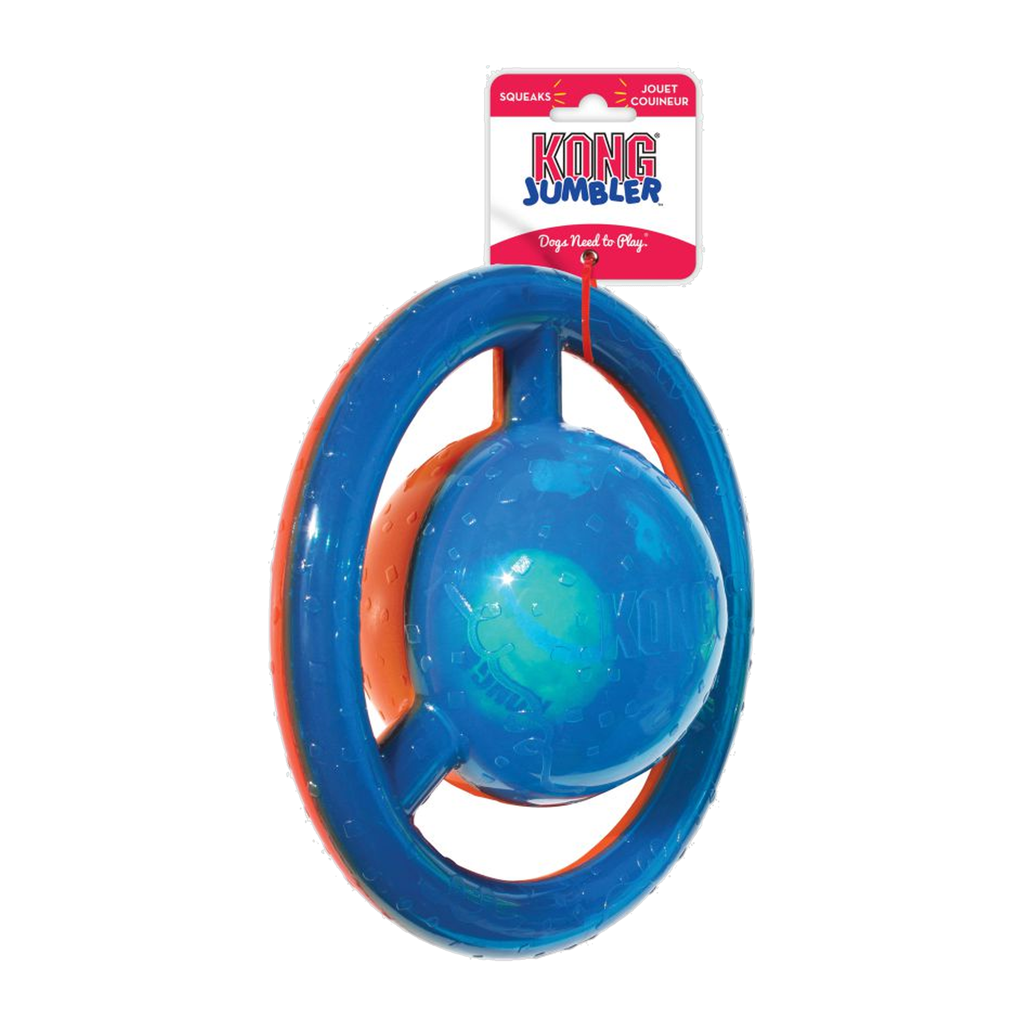 KONG Jumbler Disc dog toy with hang tag packaging, blue and orange colorway