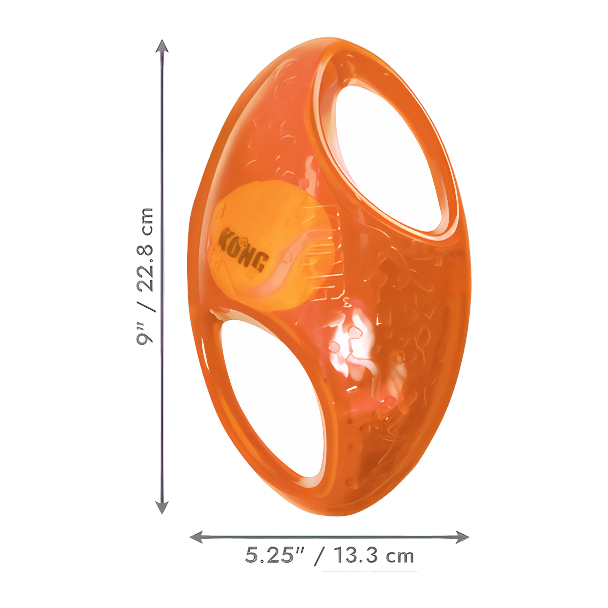 KONG Jumbler Football dimensions, 9 inches long by 5.25 inches wide